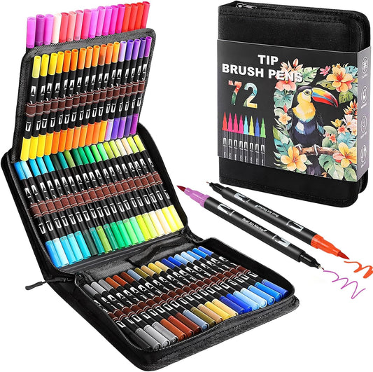 Double Brush Marker Pens, 72 Colors Art Markers Set with Fine Tip and Brush Tip for Kids Adult Coloring Book Hand Lettering Calligraphy Drawing Art Supplies Kit