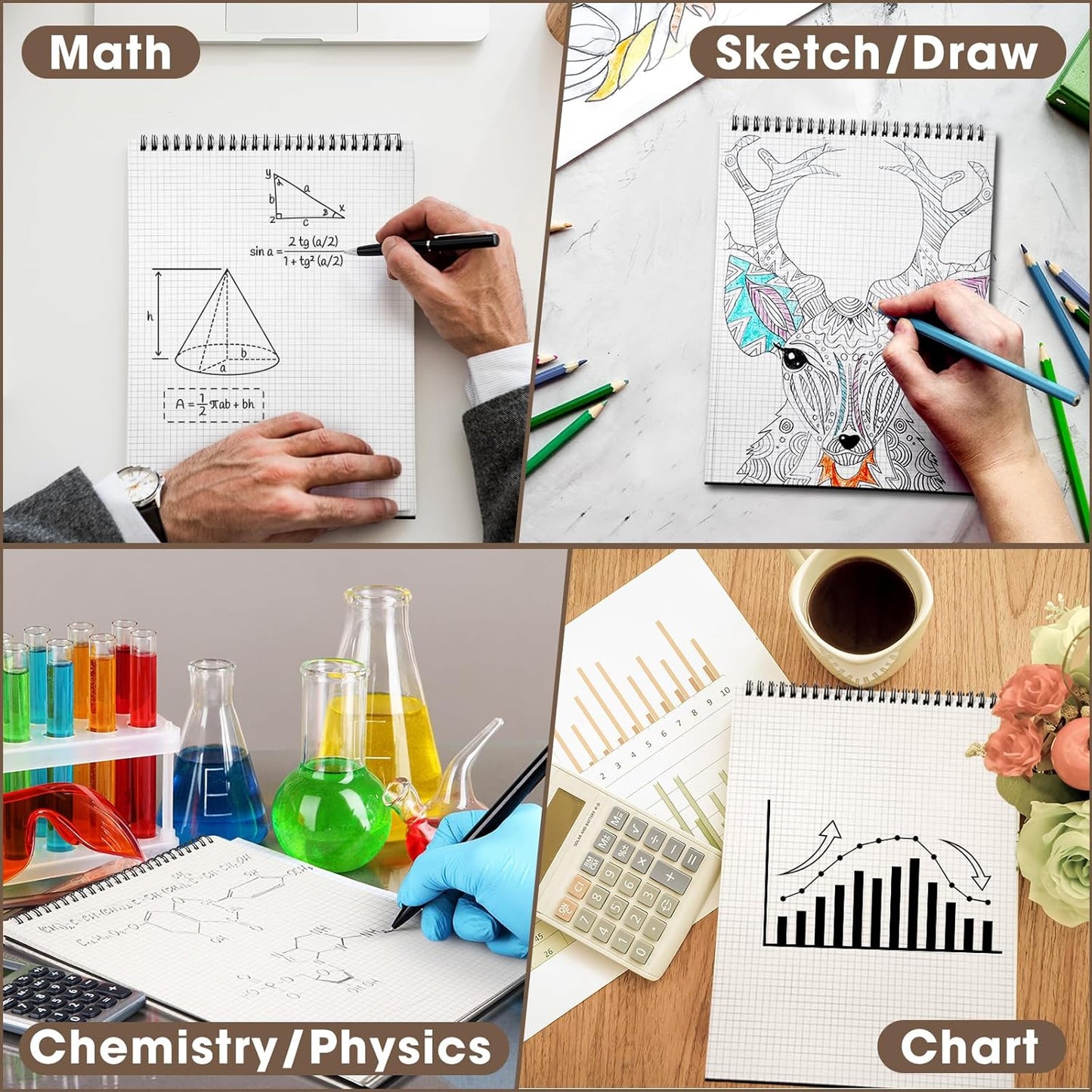 6 Pack Top Spiral Graph Paper Notebooks 8.7 X11.4 Inch A4 Grid Paper Notepad 70 Sheet Memo Steno Pad for Engineering Writing Sketching Drawing School Office Supplies (Black)