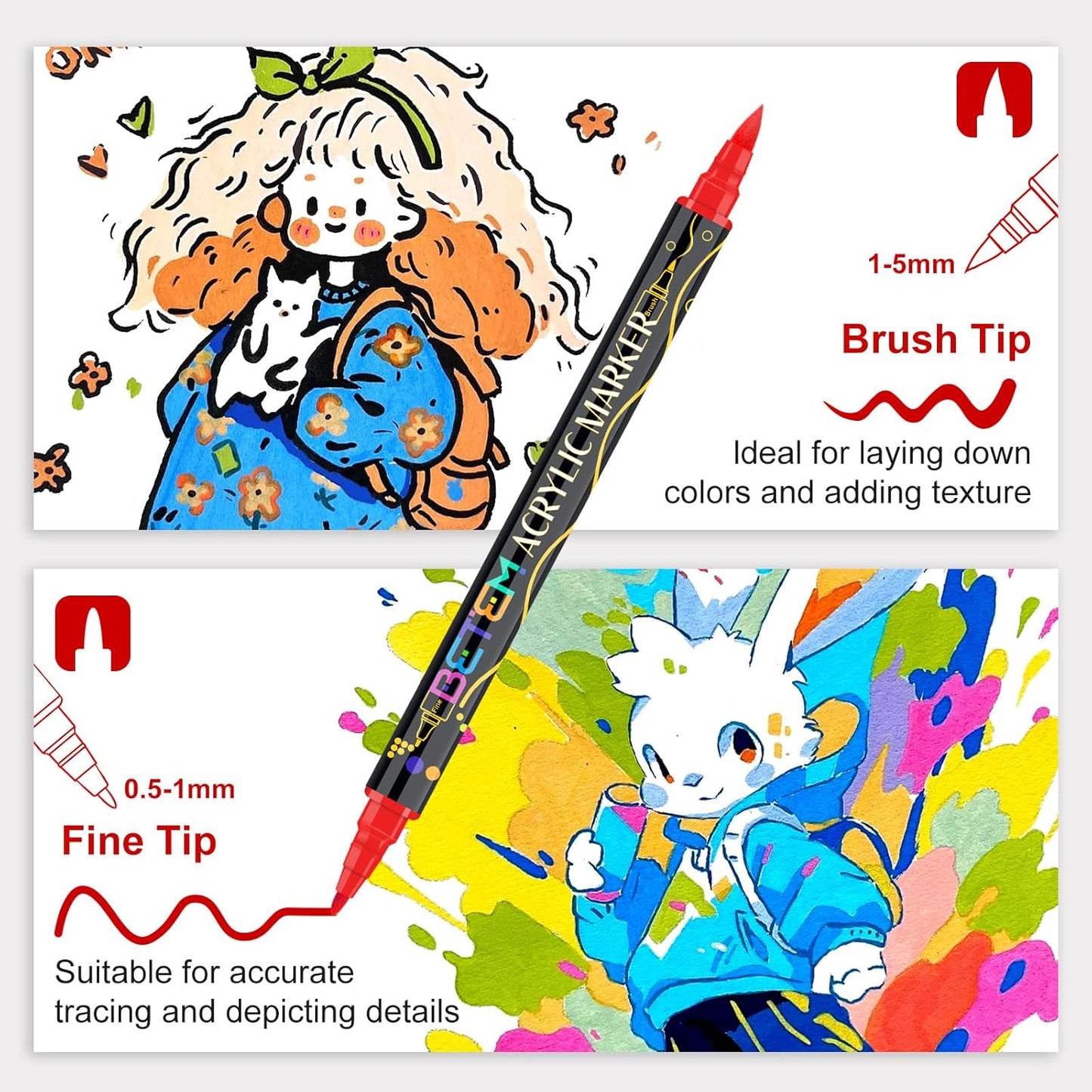 Betem Paint Markers Acrylic Paint Pens, Dual Tip 48 Colors Acrylic Markers with Brush Tip and Fine Point, Art Supplies for Wood, Canvas, Stone, Glass, Rock Painting Kit DIY Crafts Drawing Kit with Bag