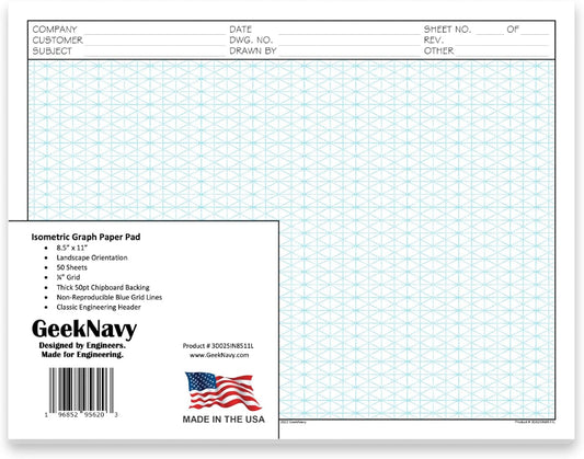 8.5" x 11" Isometric Graph Paper 50 Sheets Landscape - 0.25" Grid, Non-photo Blue, High Brightness, Drafting, Engineering, Art, 3D Design (1-Pack)