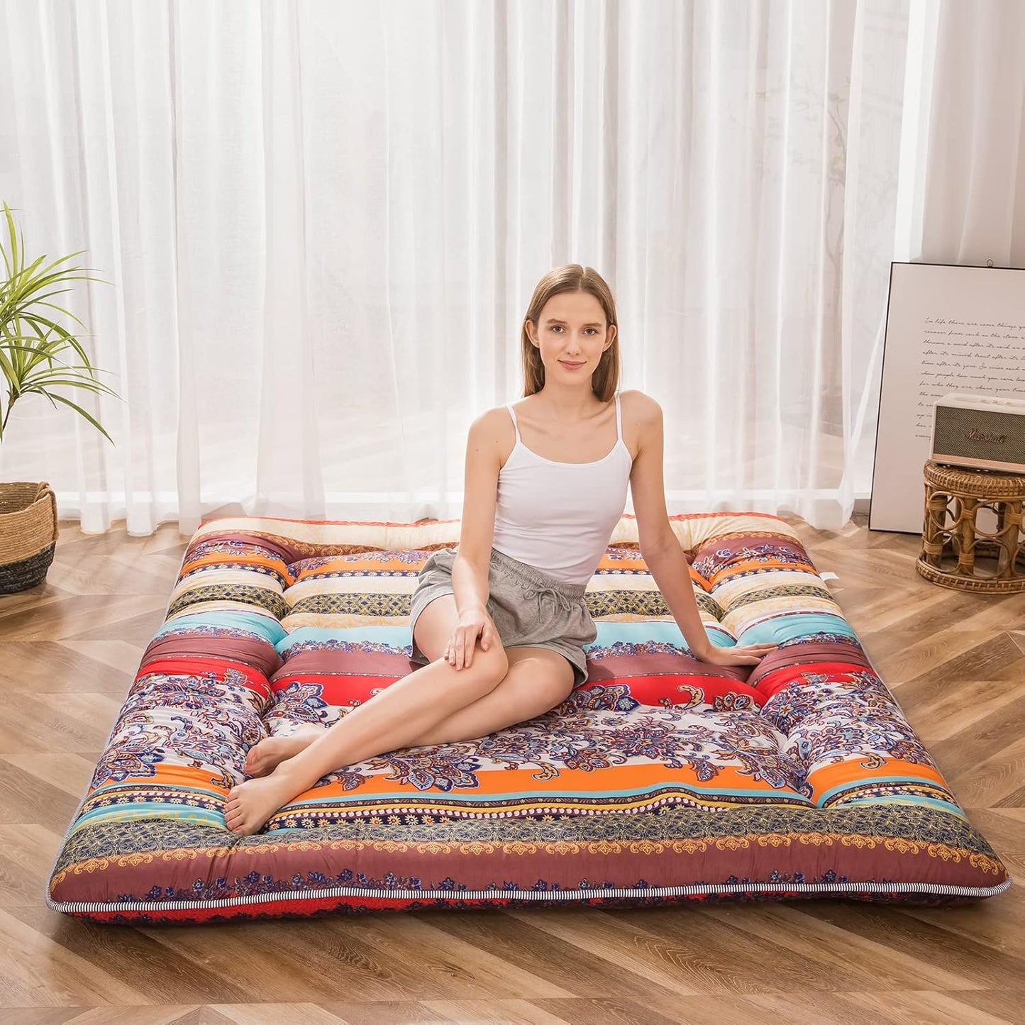 Bohemian Retro Floor Mattress Vintage Floral Japanese Futon Mattress Roll Up Thicken Sleeping Bed Portable Camping Mattress Floor Lounger Couch Bed Pad, Twin Size