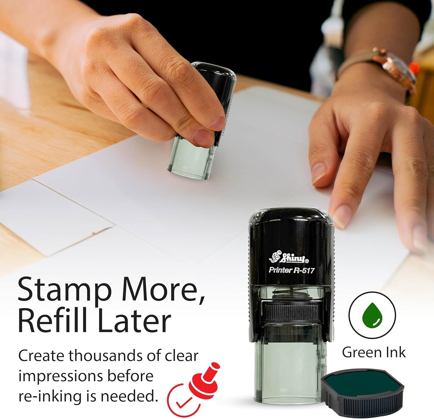 Shiny Wow Teacher Stamp, Round Self Inking Stamp for Classroom, Green Ink
