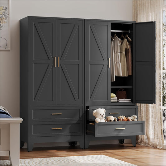 Metal Wardrobe Cabinet with Hanging Rod,71" Armoire Wardrobe Closet with Adjustable Shelves,Farmhouse Metal Clothing Storage Cabinets for Bedroom,Office,Employee,Laundry Room(Black)