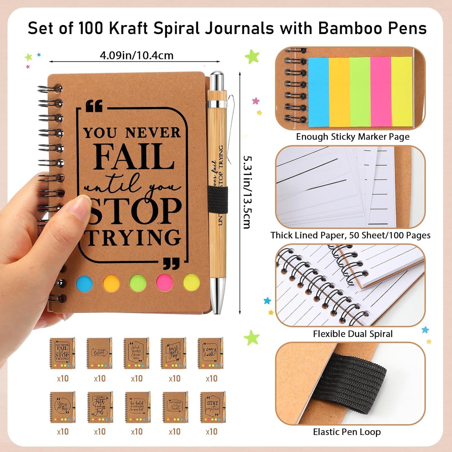 Tenceur Back to School Inspirational Gifts Bulk Employee Appreciation Spiral Notebook with Journals Sticky Note Pen Motivational Thank You Gifts for Teacher Students Team Coworkers Staff(100 Sets)