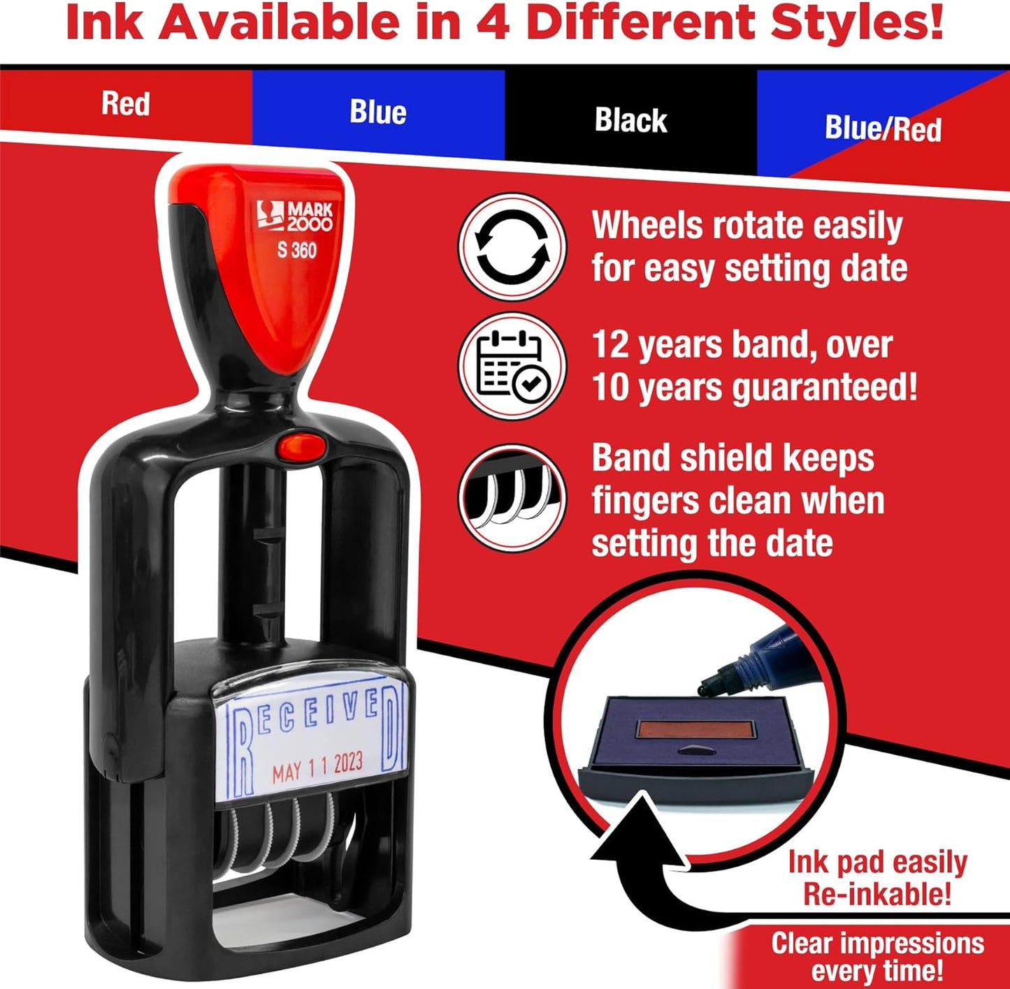 Self-Inking Rubber Date Office Stamp with Posted Phrase - Blue Ink & Date Red Ink - 12-Year Band