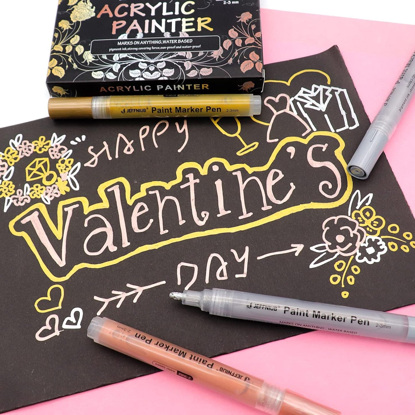 Gold Paint Pens with Silver,Rose Gold, Acrylic paint Pens for Rock Painting, Wood, Fabric, Glass, Canvas, Scrapbooking, Card DIY Metallic Acrylic Marker (2mm)