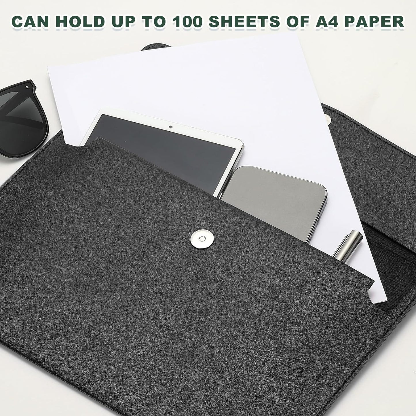 PATIKIL PU Leather A4 File Folder, Document Holder Filing Organizer Portfolio Envelope Folder Case with Snap Closure for Letter Receipt Style 2, Black