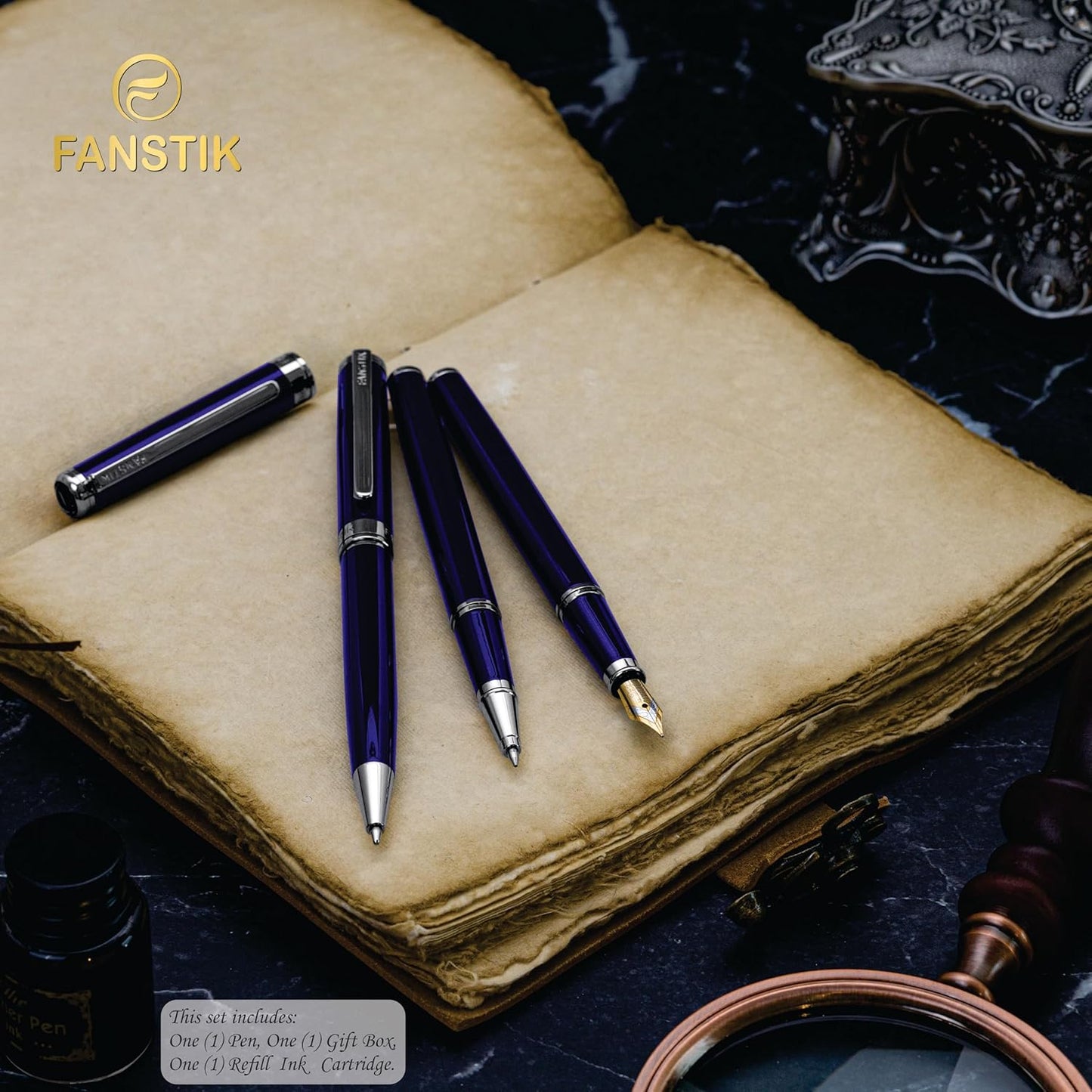 Customized Blue Luxury fountain pen (Made In USA) fancy gift set for women, Real 24K Gold Plating, Professional executive pen gift set for men (Lux Custom-fountain Blue)