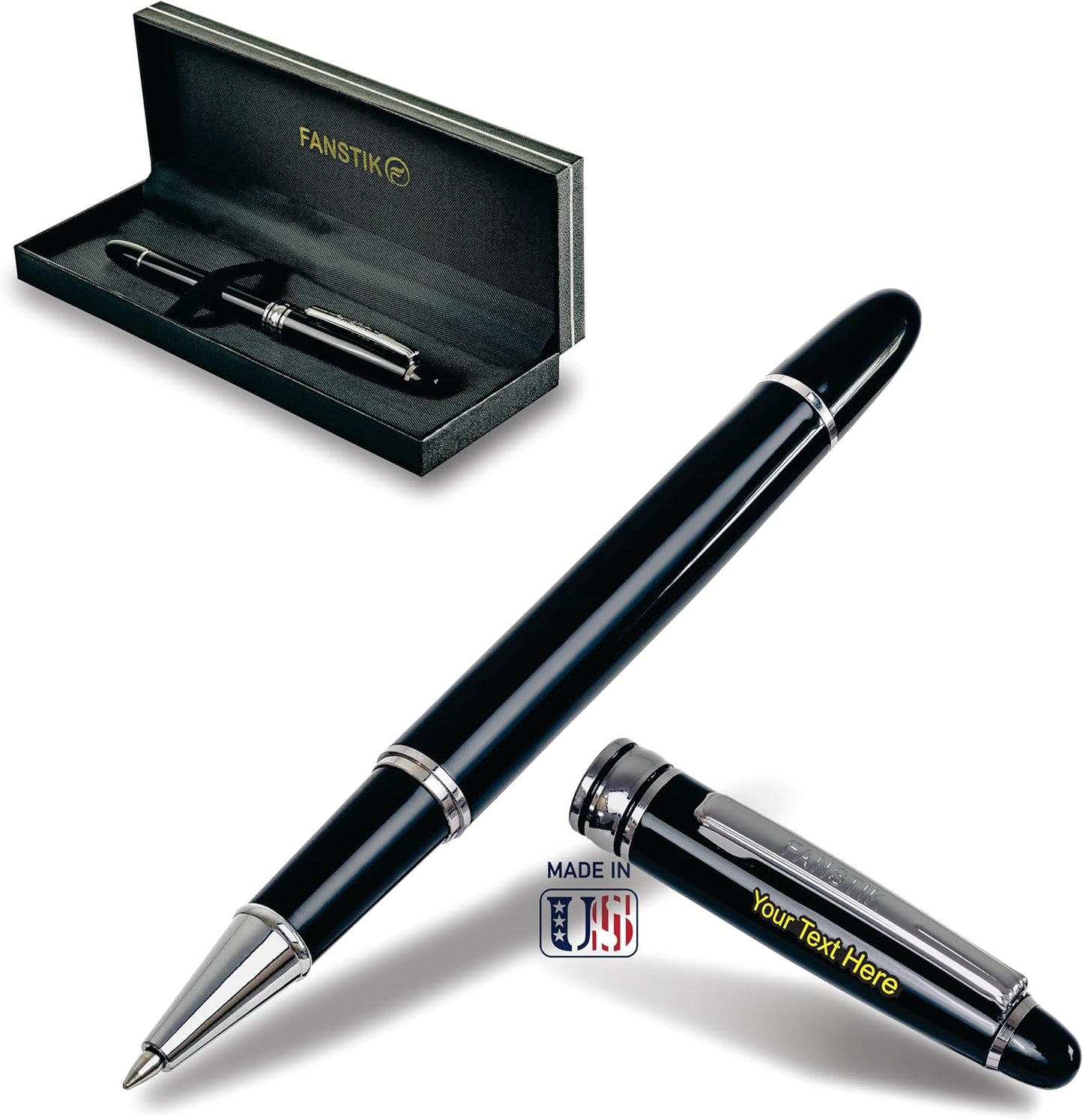 Customized RollerBall pen with name (MADE IN USA), stainless steel, black and silver, luxury engraved pen personalized for men and for women. (RollerBall Black-Silver)