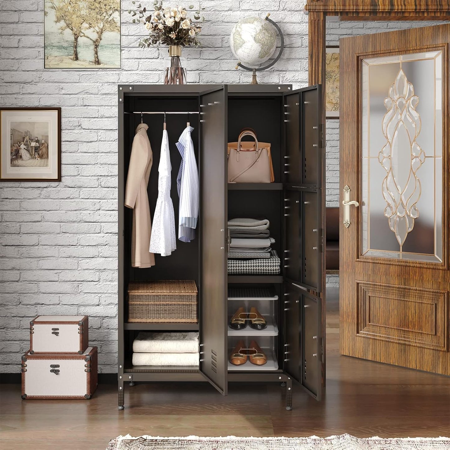 MIIIKO Steel Wardrobe Cabinet Locker, Rustic Metal Storage Cabinet with Shelf, Lockable Doors and Hanging Rod, Industrial Locker for Living Room, Bedroom, Home Office and Club