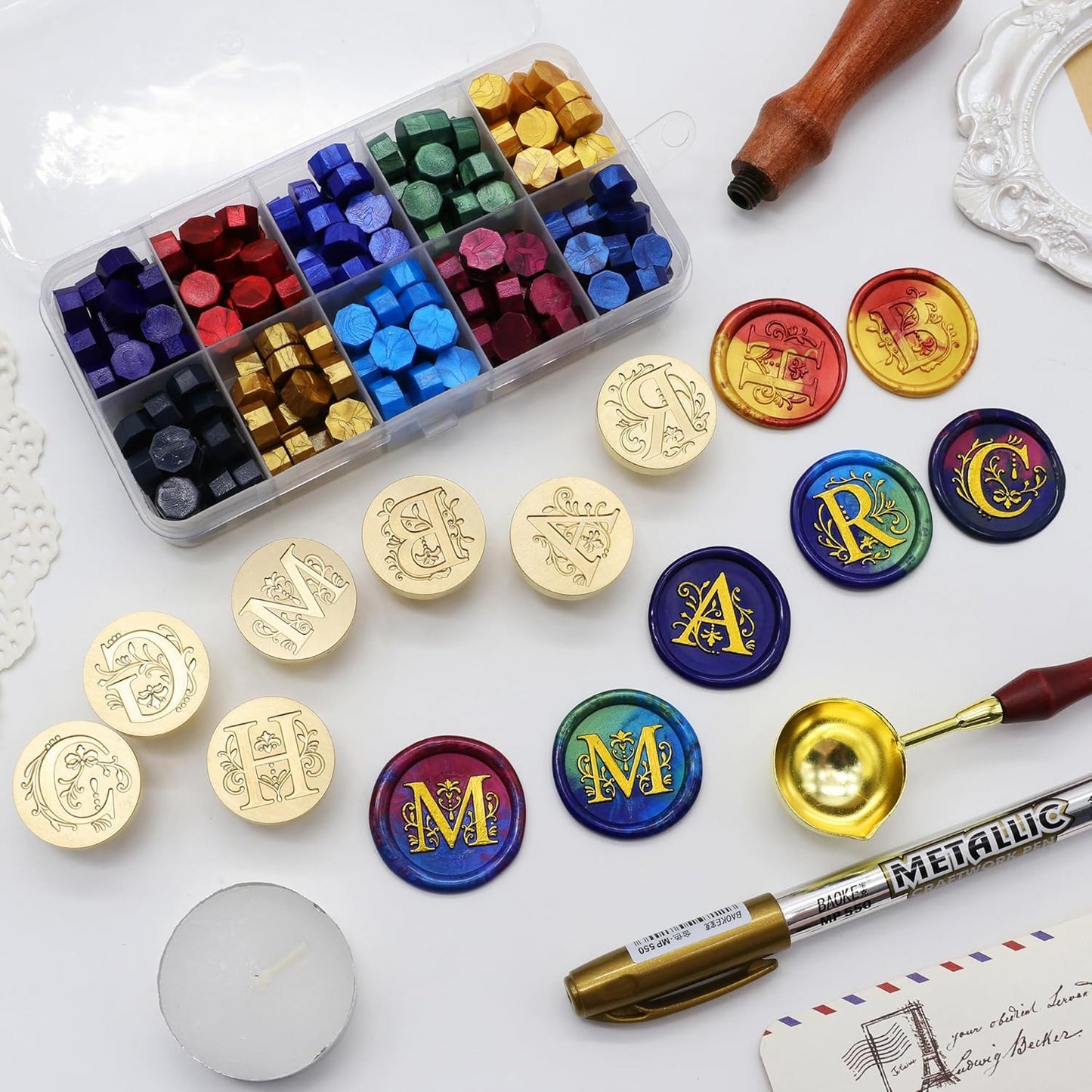 SWANGSA Initial Alphabet H Wax Seal Stamp Kit, Classic Retro Letter Sealing Stamp with 200pcs Sealing Wax Beads Kit for Wedding Invitations Cards Envelopes (H)