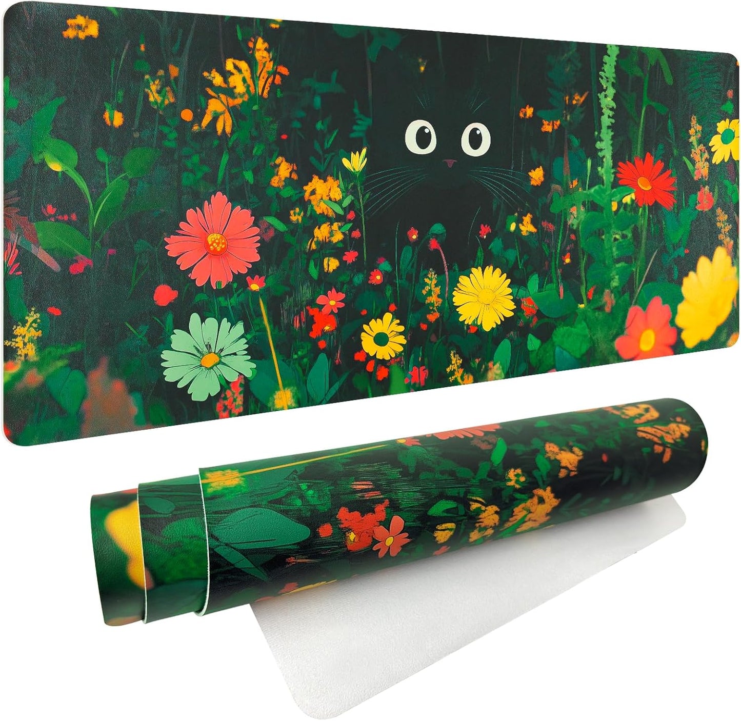 Bloss Wildflowers Mouse Pad,Large Floral Plants Desk Pads for Desktop,Cute Black Cat Leather Desk Mat for Keyboard and Mouse,Computer Laptop Desk Protector Mat for Office/Home/Women Gift,31.5" x 15.7"