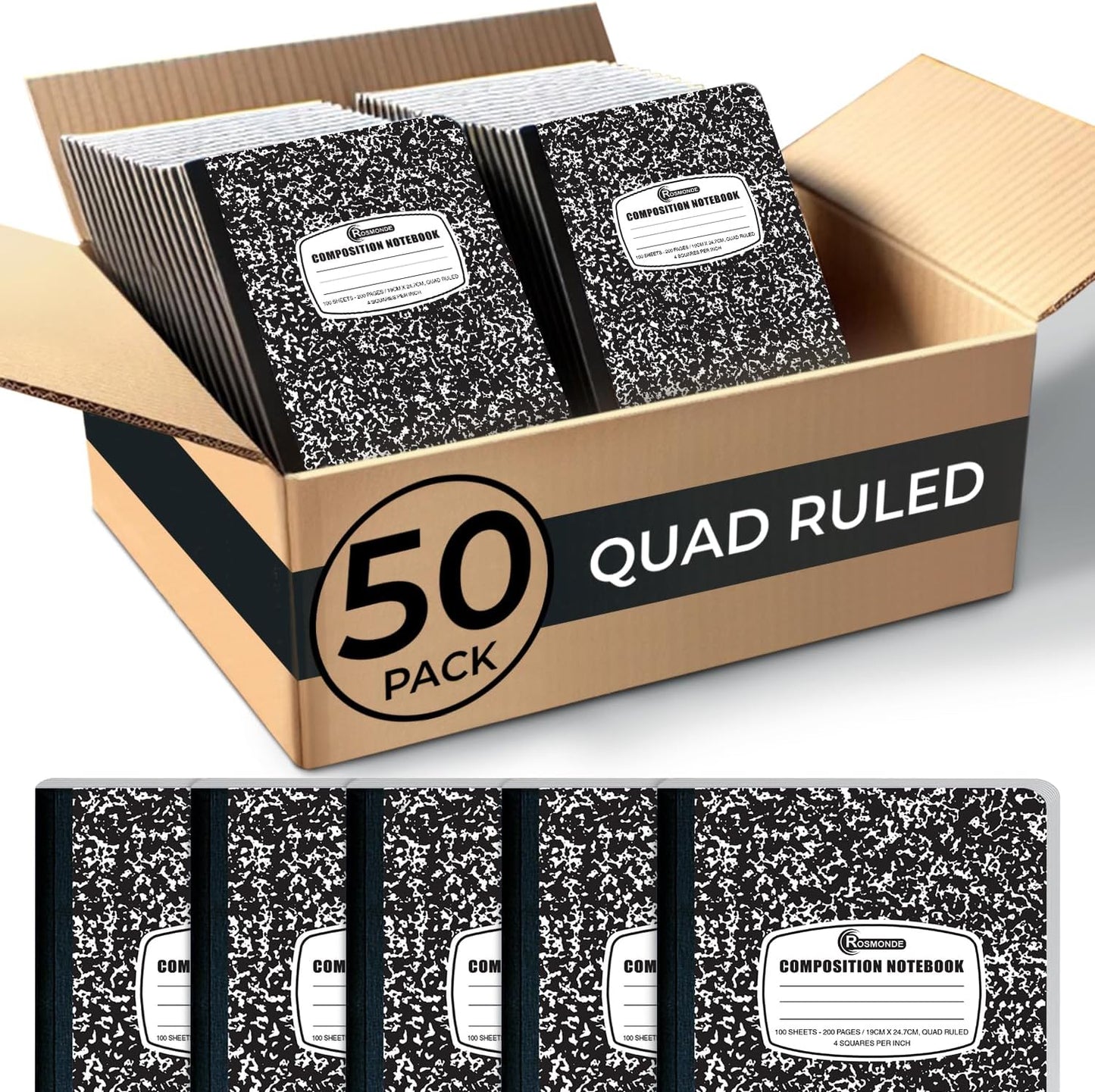 50 Pack Graph Composition Notebook, 200 Pgs (100 Sheets) Bulk Graph Paper Composition Notebook for school, Bulk Graphing Notebook, 4x4 Grid, Quad Ruled Composition Book, Hard Sewn Bound Cover