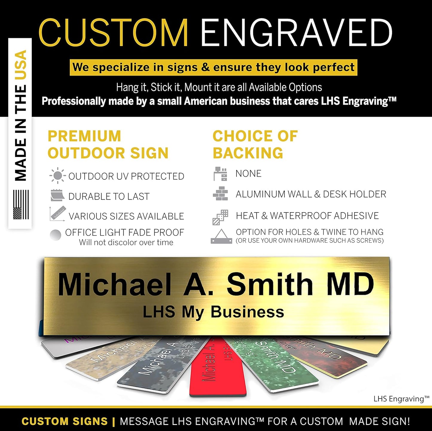 Engraved Name Plates for Door Sign Personalized Brushed Brass Plastic Plaque with Black Letters - Made in USA 2x10 M6