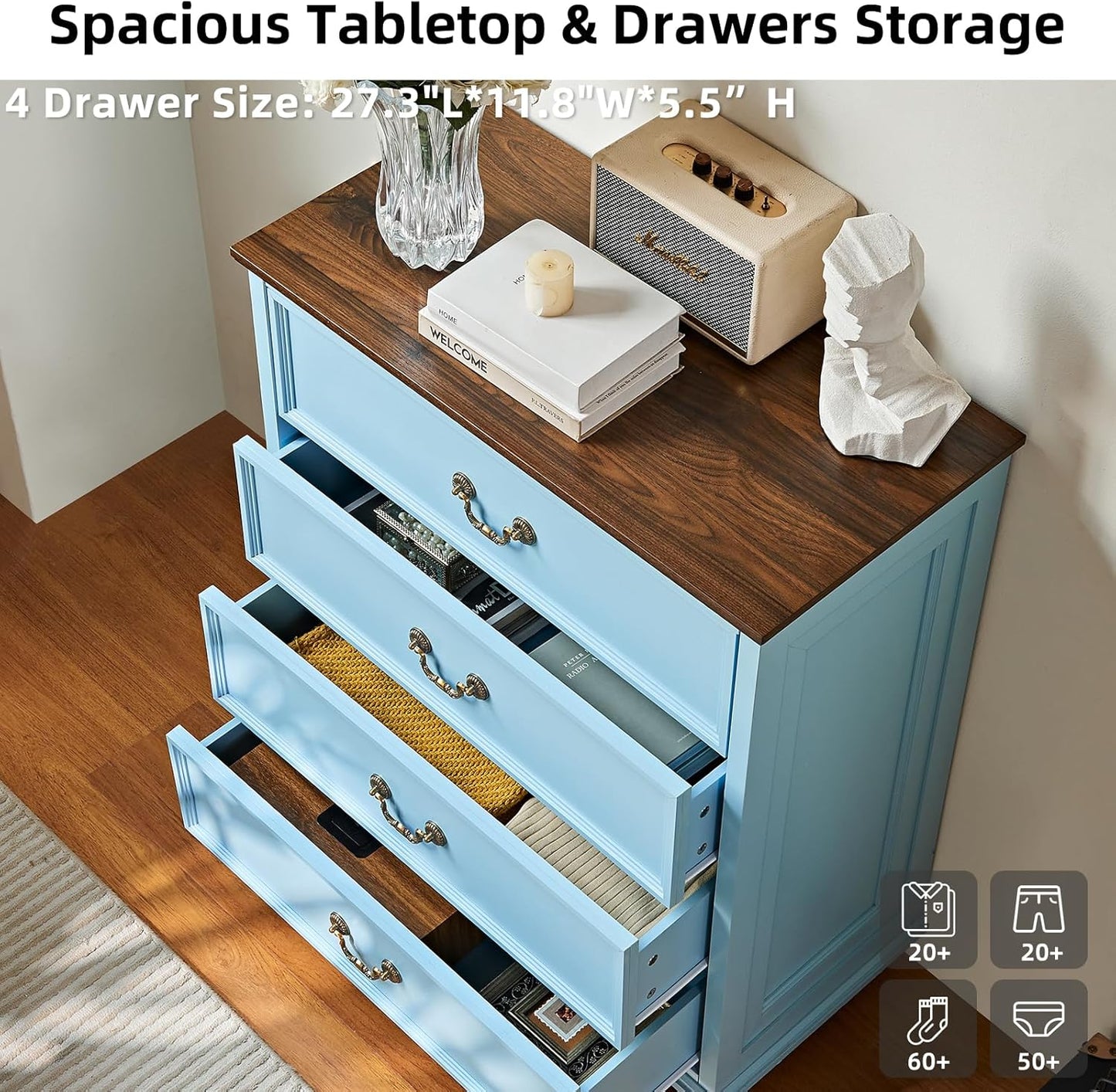 Farmhouse 4 Drawer Dresser for Bedroom, 37" Tall Rustic Chests of Drawers w/ 4 Solid Wood Feet, Mid Century Modern Wooden Closet Storage Dressers Organizer for Living Room, Hallway, LightBlue