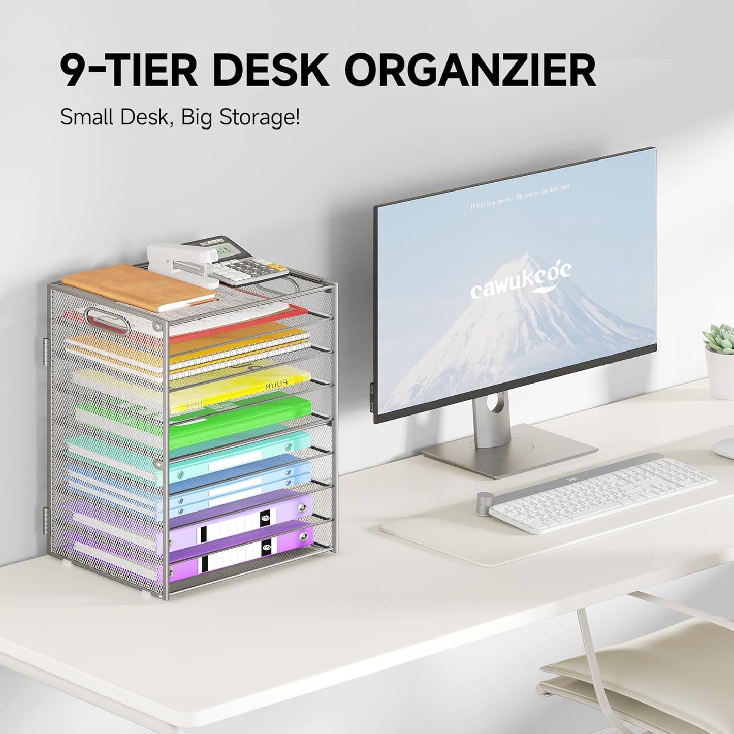 9 Tier Paper Organizer with Handle, Large Capacity Desk Organizer Mesh Paper Letter Tray File Folder Document Sorter for Classroom and Office Accessories Organization- Silver (2 Pack)