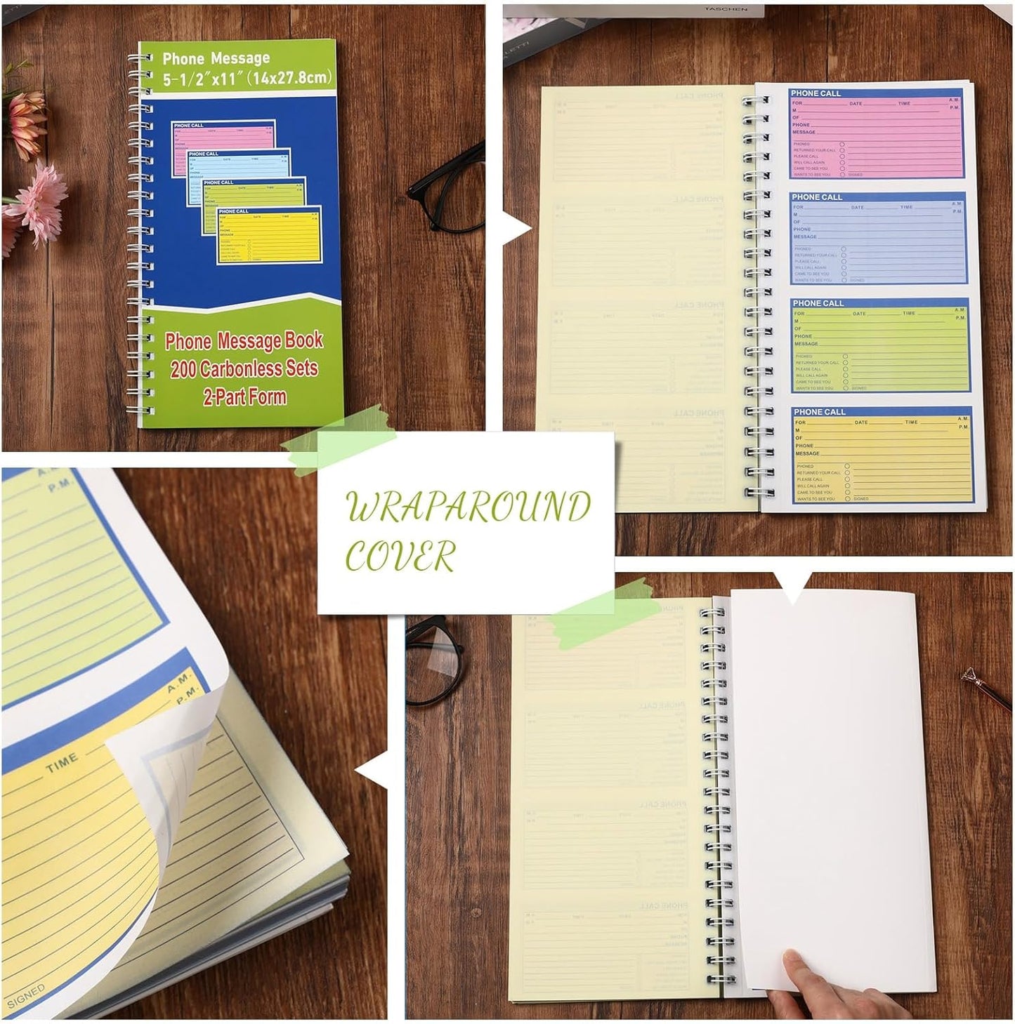 Sinmoe 10 Pcs Spiral Bound Phone Message Book with Carbon Copy 5-1/2" x 11" 2 Part Colorful Carbonless Telephone Message Pads Duplicate Spiral Phone Call Log Book for Business Office (Green,Blue)