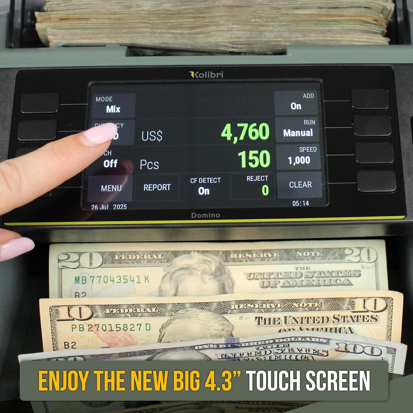 KOLIBRI Money Counter Machine, Advanced Fake Detection & LCD Display | 1,500 Bills per Minute Single-Denomination Cash Counter | Bill Counter Machine (US Customer Support) (B-Domino-V2)