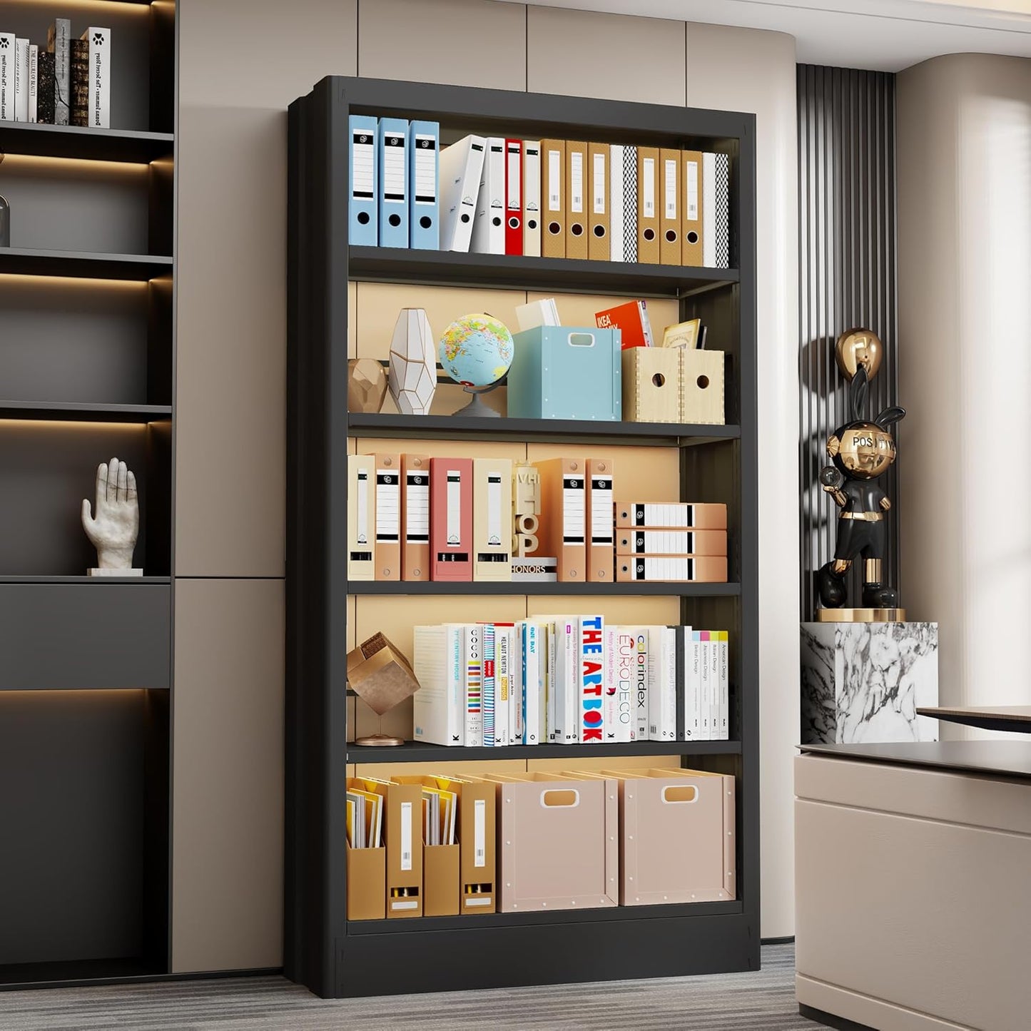 5-Tier Bookcase with Adjustable Storage Shelves, Metal Bookshelf with Book Stopper, Bookcase Shelf for Library, Office, Living Room
