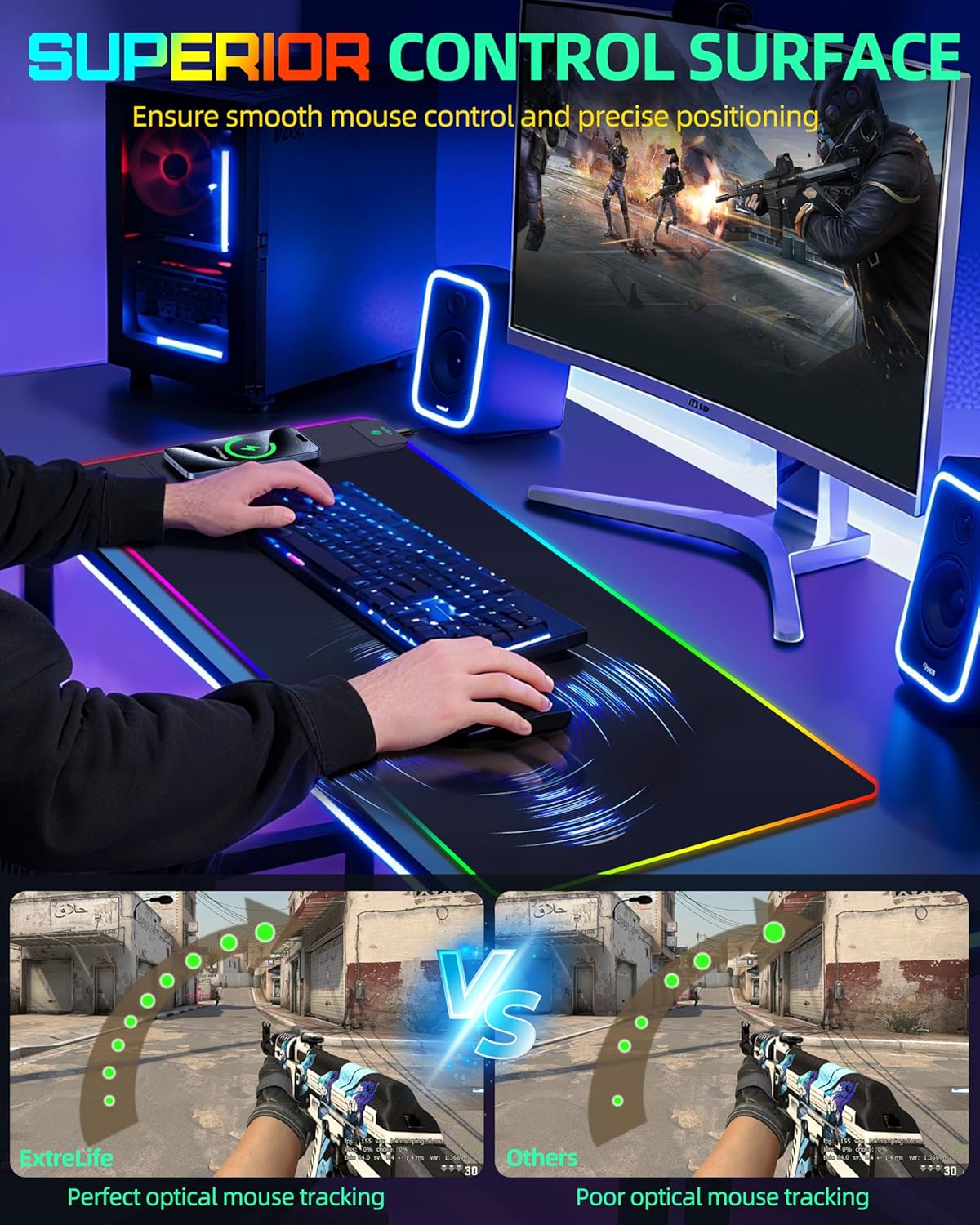 Wireless Charging Mouse Pad, RGB Gaming Desk Mat, 31.5"x15.7" Large XXL Desk Pad, 15 Lighting Modes, Ultra-Smooth Surface, Non-Slip Mouse Mat, Waterproof Computer Keyboard Pad for Desk, Office, Black