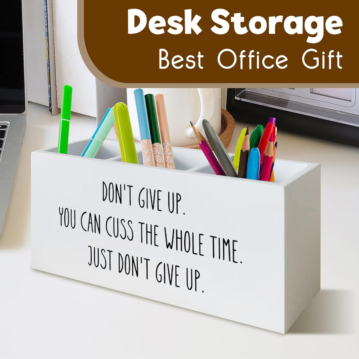 Funny Motivational Pen Holder for Desk, Humorous Inspirational Gifts for Coworkers Friends Women Men, Don't Give Up Funny Wooden Pen Pencil Holder Organizer for Office Desk Accessories