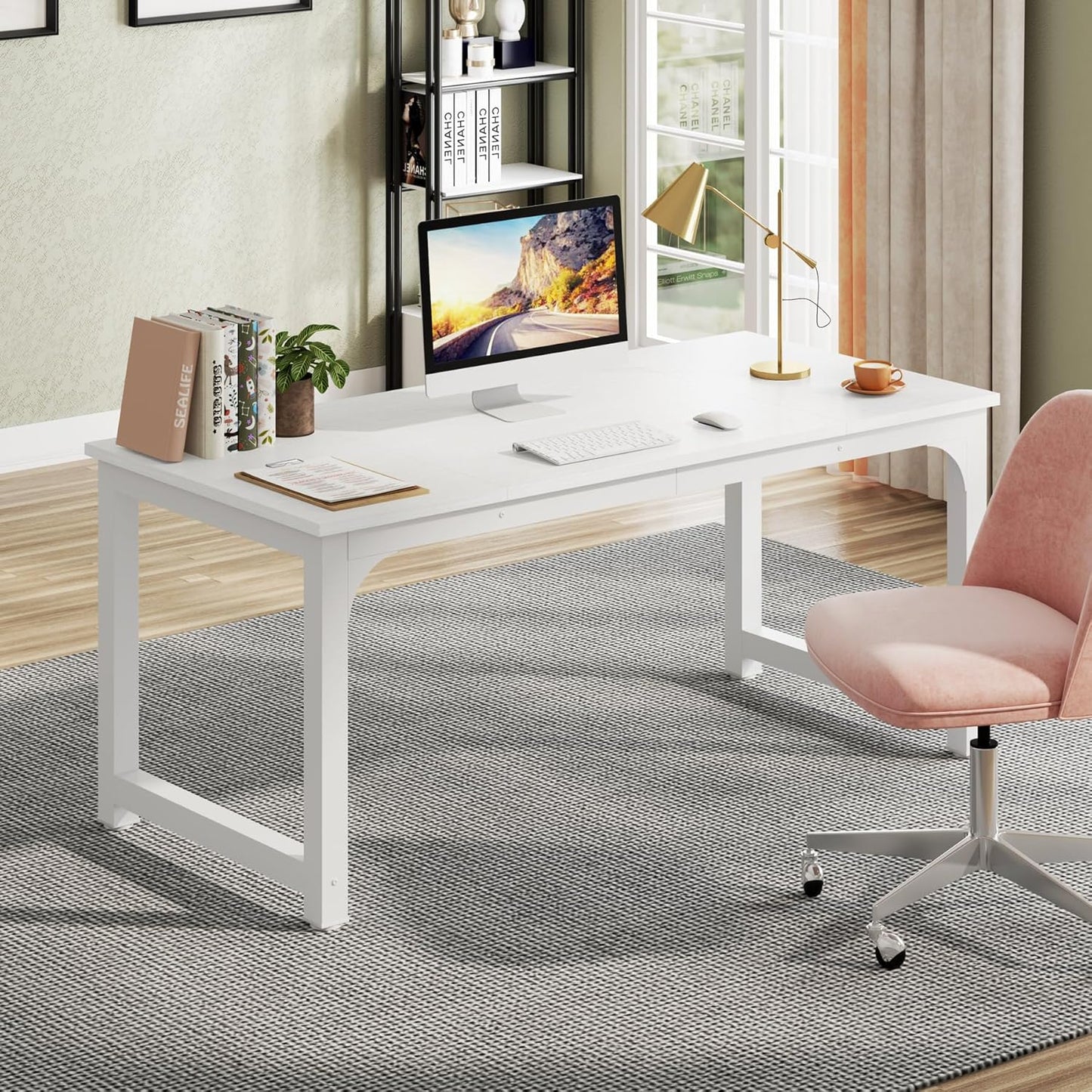Tribesigns 63”Executive Desk, Large Office Computer Desk with Thicken Frame, Modern Simple Workstation Business Furniture for Home Office, White