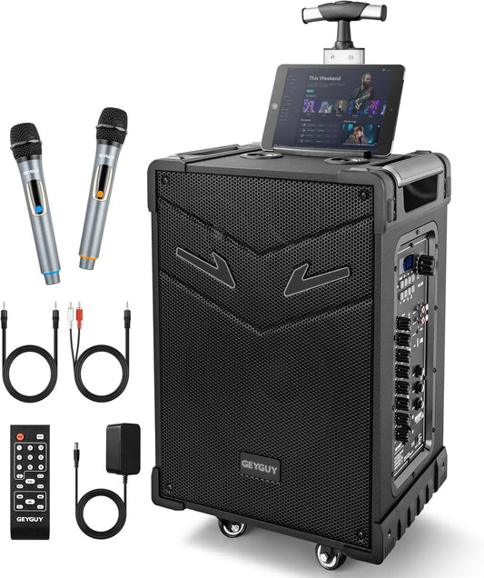 GTSK10-3 3-Way Portable Bluetooth PA Speaker with Wireless Microphones, 10" Subwoofer, Party Speaker with DJ Lights, USB/FM/TWS/Guitar Input, Rechargeable for Outdoor Events