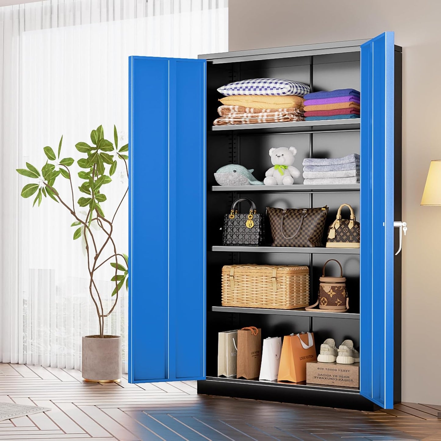 INTERGREAT Storage Cabinet,72”H Garage Steel Locking Cabinets with Doors and 4 Adjustable Shelves, Tall Lockable File Tool Cabinet for Home Office, Metal Classroom Cabinets Basement, Black-Blue