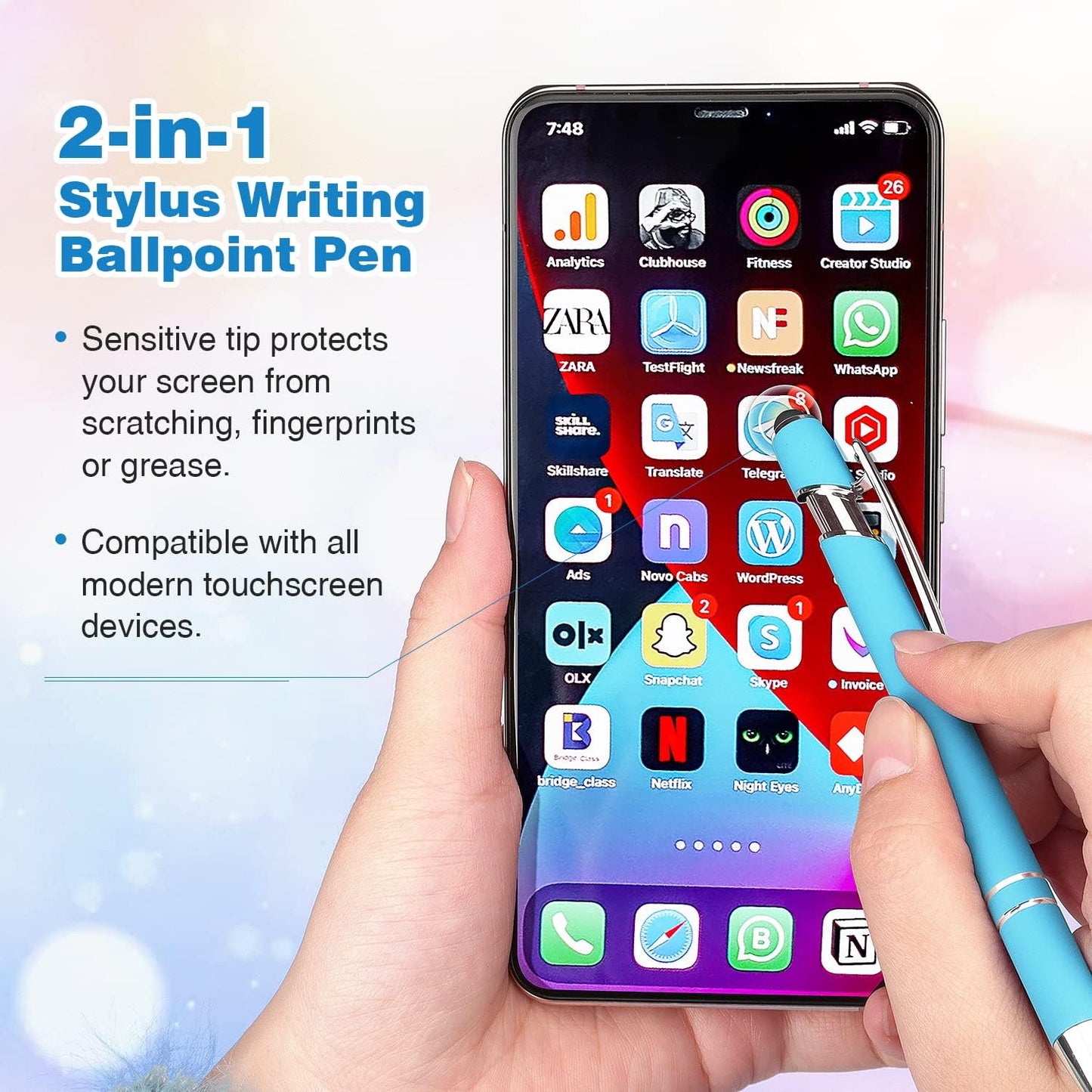 Bribobo 8 Pack Ballpoint Pen 2-in-1 Stylus Retractable Ballpoint Pen with Stylus tip, Metal Stylus Pen for Touch Screens, 1.0 mm Black Ink(Mixed Color)
