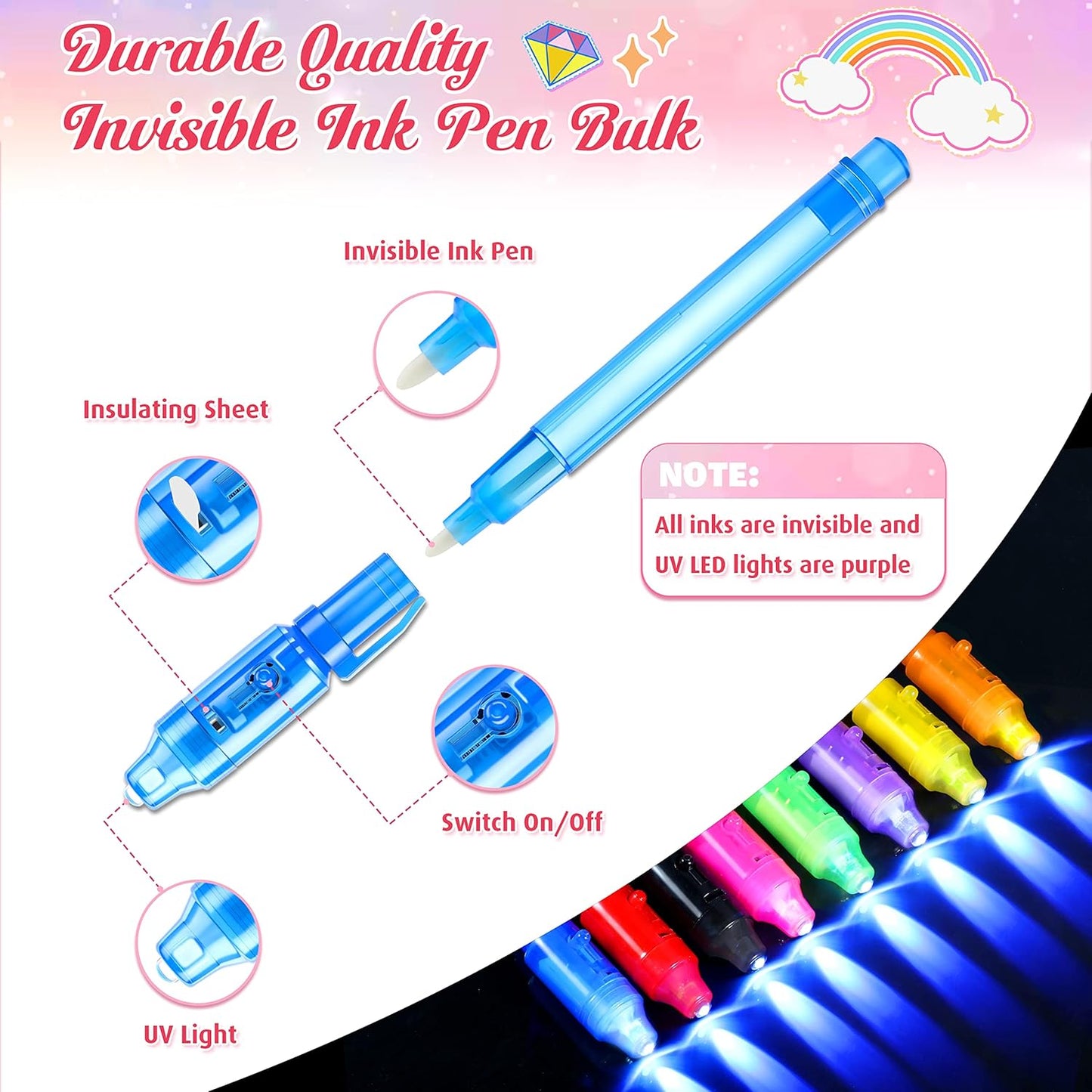 GIFTINBOX Unicorn Party Favors for Kids 4-8, 24Pack Invisible Ink Pen and Notebook, Invisible Ink Spy Pen with UV light for Kids, Classroom Prize Goodie Bag Stuffers Unicorn Toys for Kids Girls