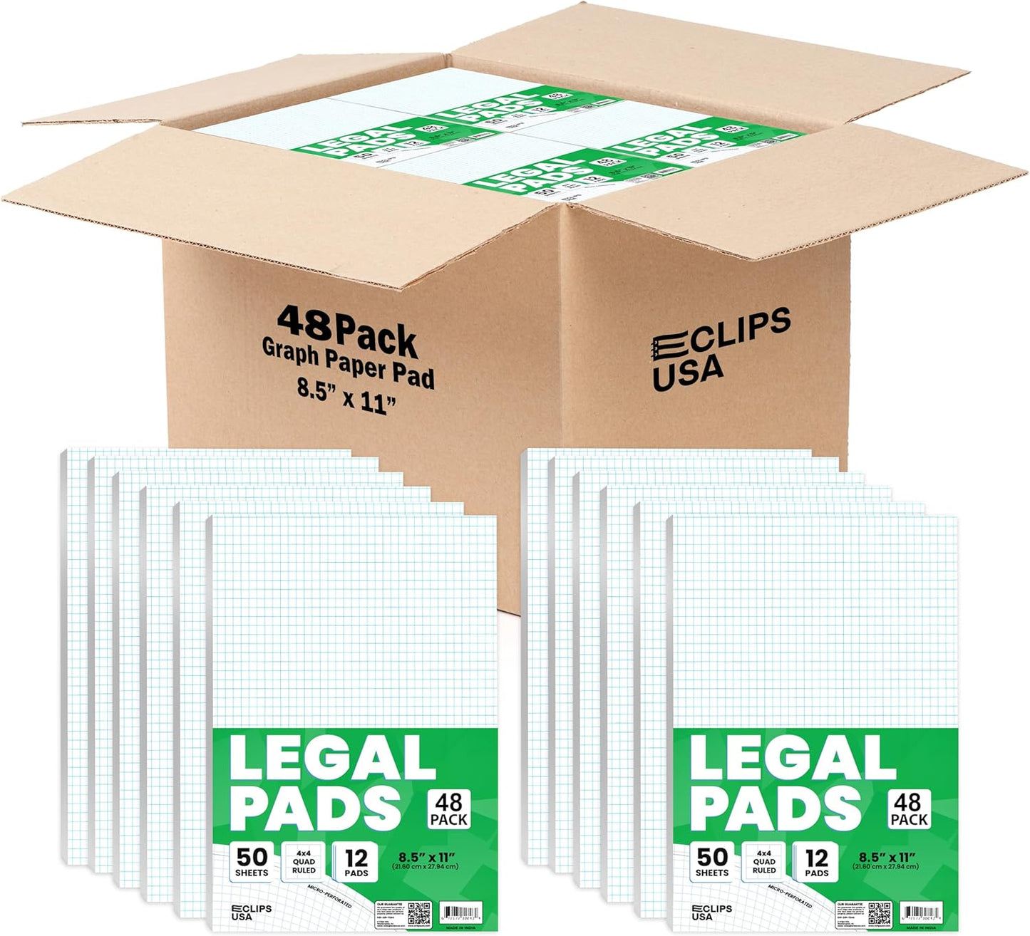E-CLIPS USA Graph Paper Pad, Graph Paper Notebook, 4 x 4 An Inch Quad Ruled Graph Paper Pad, Graph Paper Pads 8.5 x 11, Drafting Paper, 50 Sheets Per Pad (48 Pack)