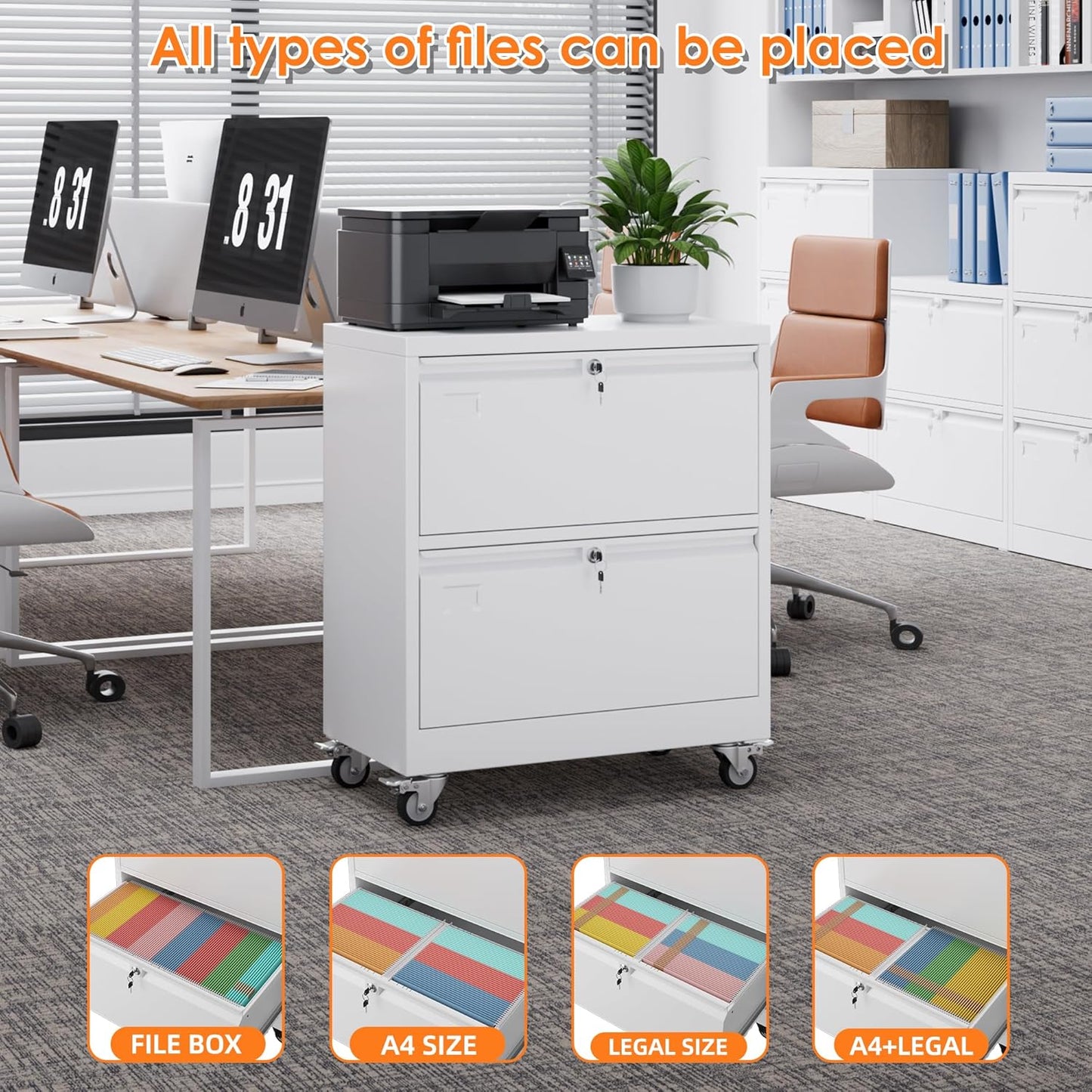 METAN Upgrade 2 Drawers Lateral File Cabinet on Wheels,Steel Office Filing Storage Cabinet with 2 Locks,Assembly Required,White