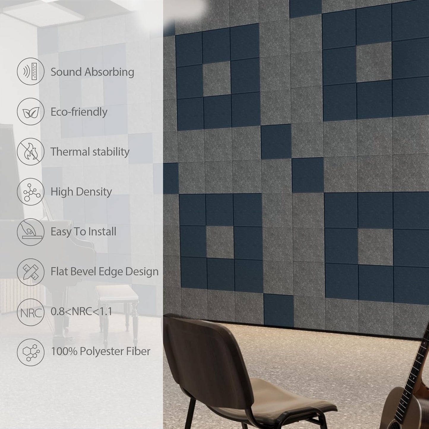 12 Pack Acoustic Panels Self Adhesive Sound Proof Foam, High Density Sound Acoustic Panel, 12X12X0.4 Inch Square Panels in Home, Office, Reccording Room, Studio,and more(Dark Blue)
