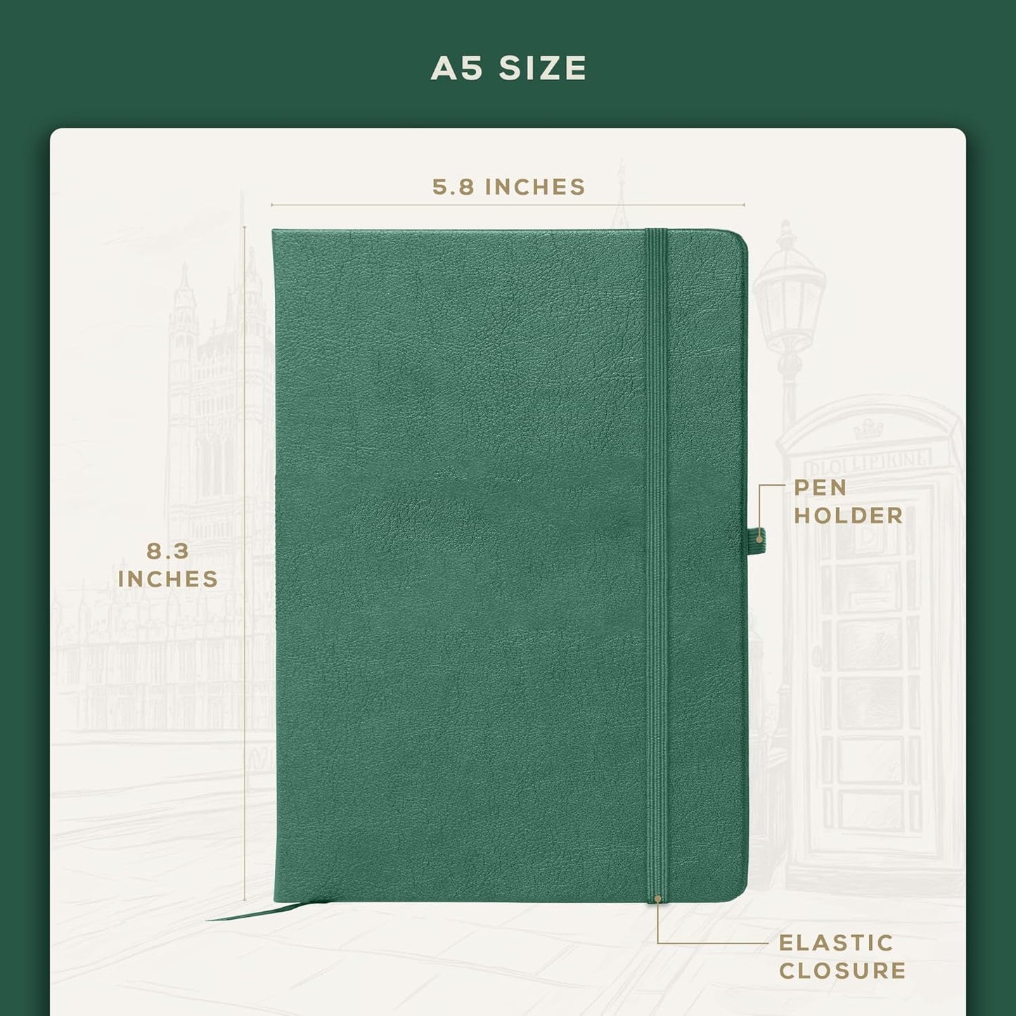 BEECHMORE BOOKS Graph Paper Notebook - Regular, Green | Premium Square Grid Math & Science Journal | 5.75" x 8.25" Hardcover Vegan Leather | Thick 120gsm Cream Graph Paper | Gift Box for Men & Women