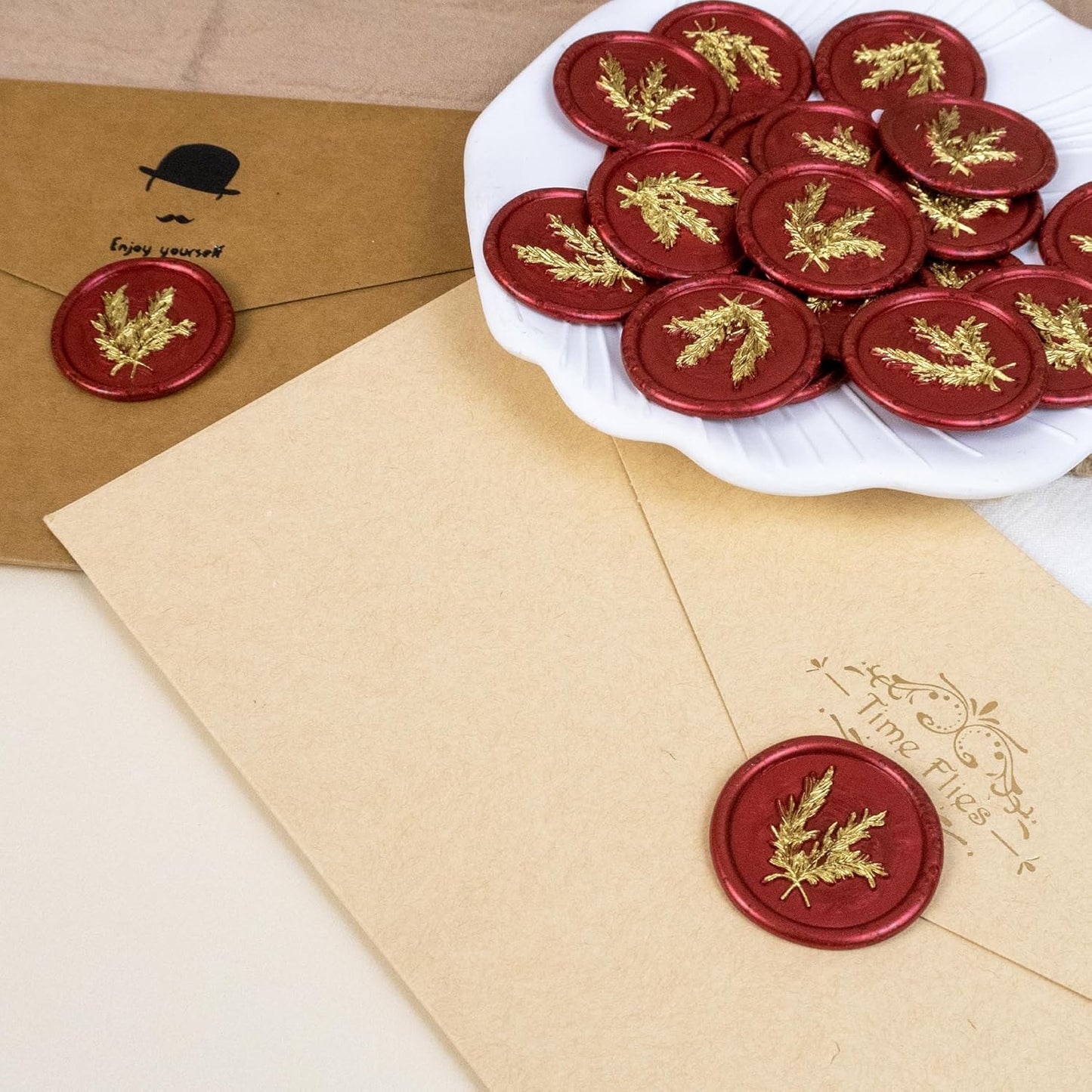 50Pcs Gold & Red Wax Seal Stickers - Handmade Envelope Seals, Self-Adhesive Wax Stickers for Wedding Party Invitations, Envelope, Gift Wrap, Christmas (Gold Rosemary Style, Red)