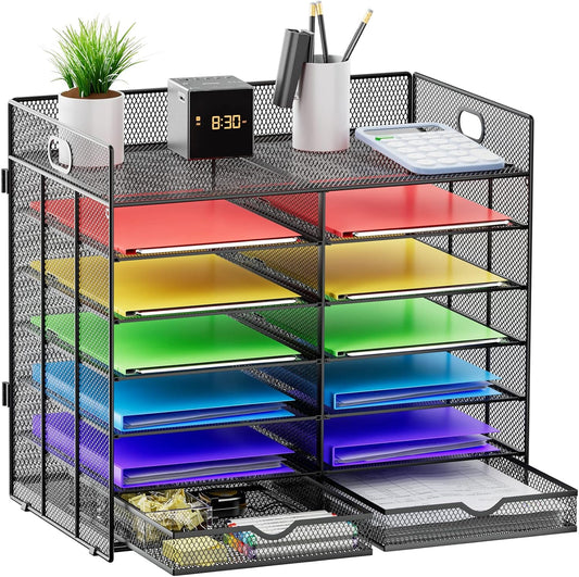 Marbrasse 7 Tier Desktop Literature Organizer, Mesh Paper Organizer, Desk Organizers with Drawer, File Sorter Mail Center Paper Storage Cabinet Classroom Keepers Mailbox for Office Home School (Black)