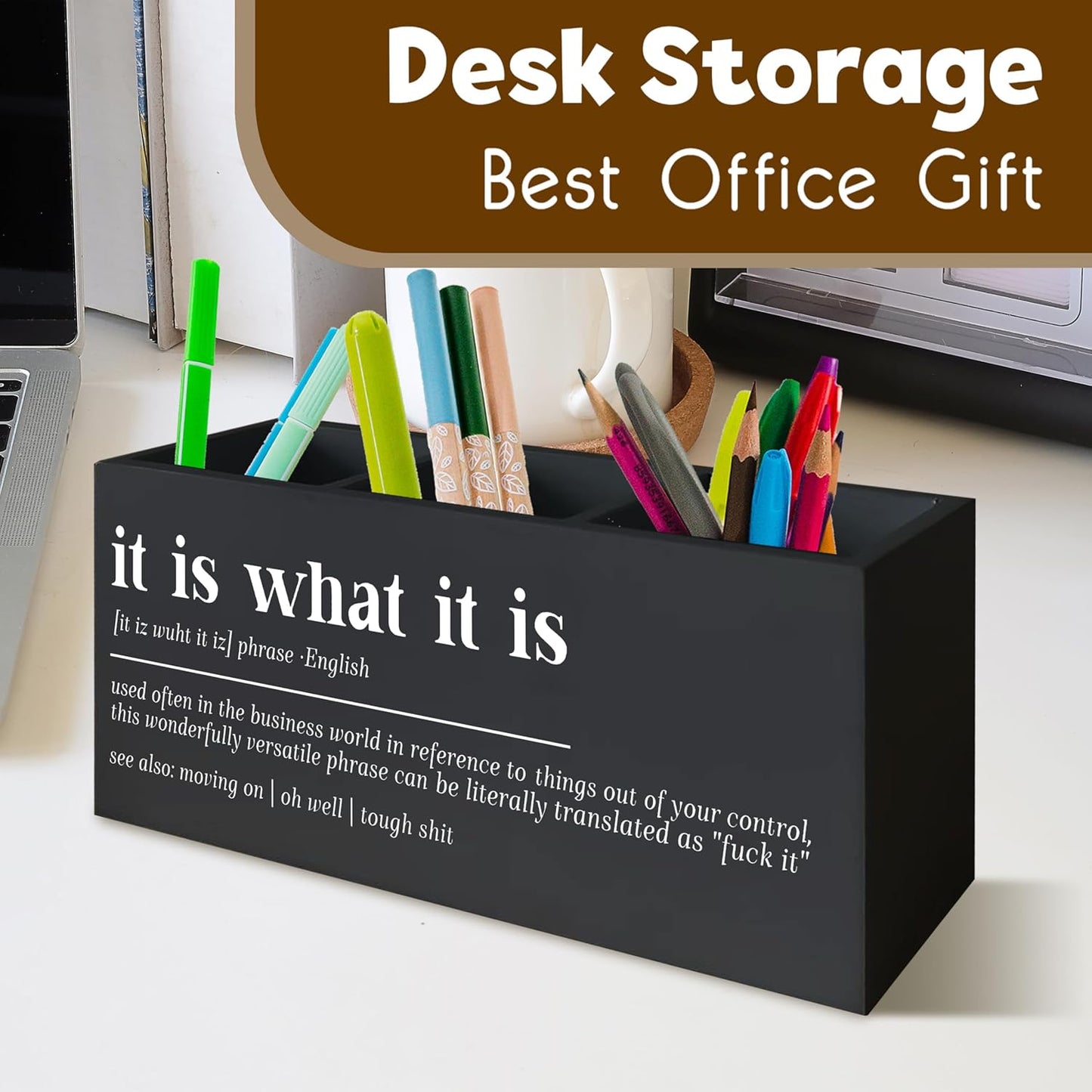 Funny Office Black Desk Pen Holder, It Is What It Is Funny Gifts for Coworkers Funny Signs Wooden Pencil Holder Decor for Office Bathroom Shelves Boos Desk Accessories