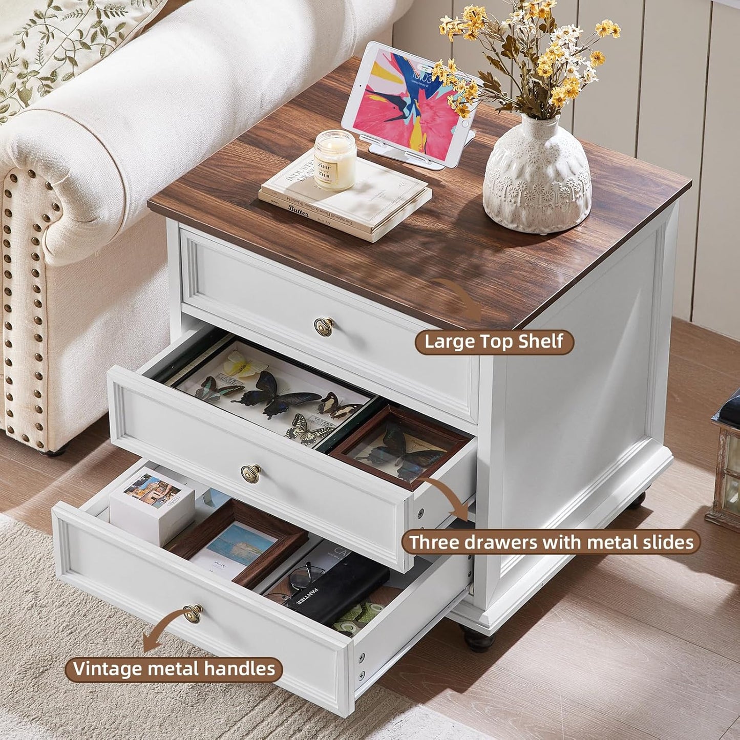 24" Wide Farmhouse Night Stand Set of 2,Large End Table with 3 Drawers & Metal Handle,White Wood Dresser for Bedroom Cabinet, Bed Side Table Chest of Drawers,Nightstand for Living Room,Closet