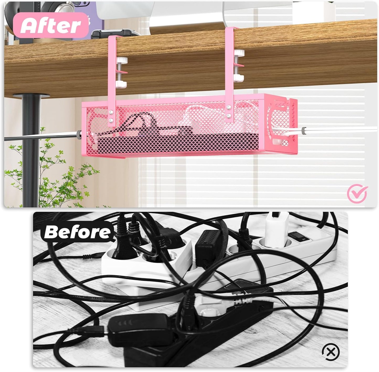 Under Desk Cable Management Tray, 15.7'' No Drill Steel Desk Cable Organizers, Wire Management Tray Cable Management Rack (2 Packs-Pink)