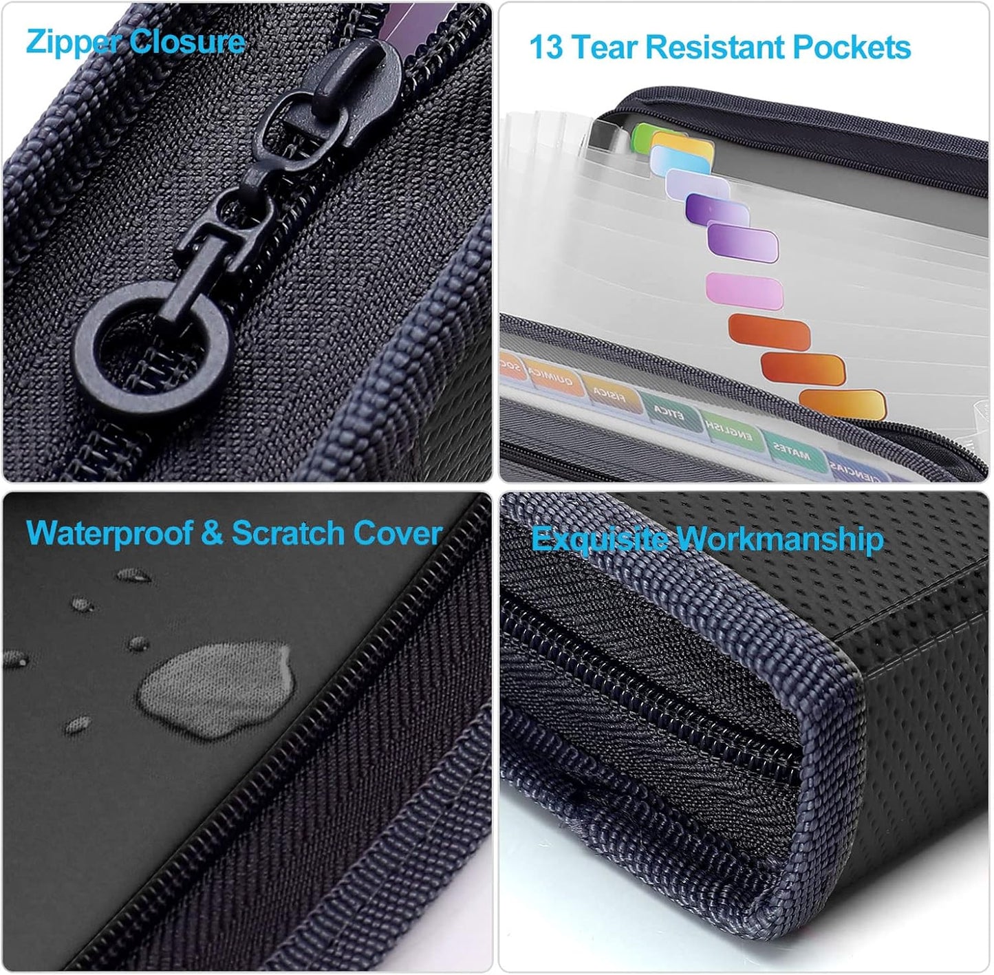 MEGREZ Expanding File Folder with 13 Pockets, 2 Pack A4 Paper File Folder with Zipper Color Labels, Waterproof Accordion File Folder Organizer for Home Office, Blue & Black