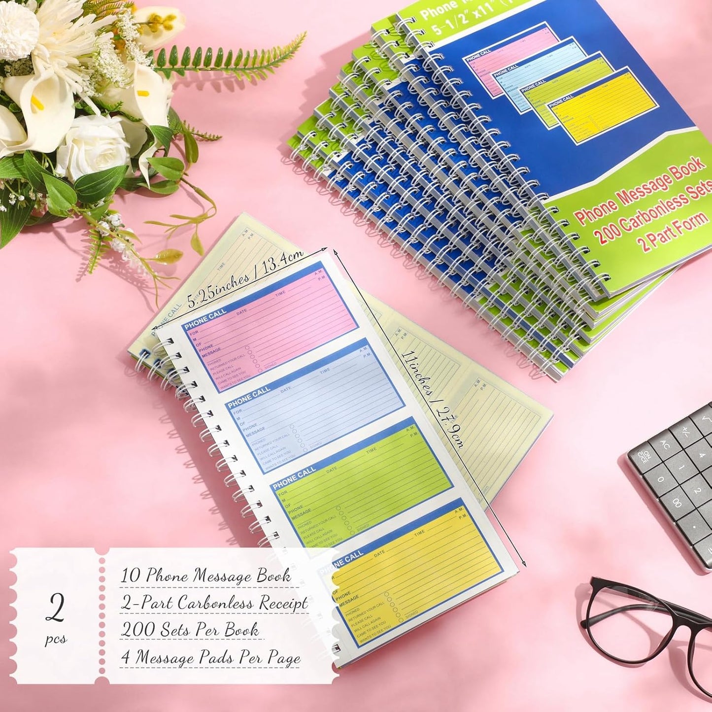 Sinmoe 2 Pcs Spiral Bound Phone Message Book with Carbon Copy 5-1/2" x 11" 2 Part Colorful Carbonless Telephone Message Pads Duplicate Spiral Phone Call Log Book for Business Office