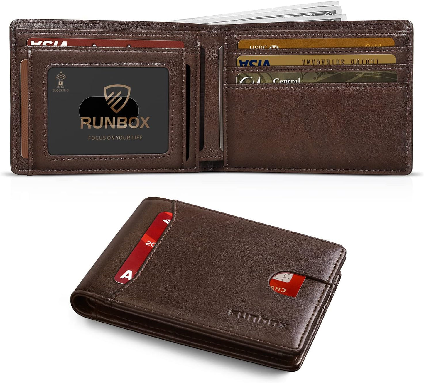 RUNBOX Novelty Wallet for Men Slim 11 Credit Card Holder Slots Leather RFID Blocking Small Thin Men's Wallet Bifold Minimalist Front Pocket Large Capacity Gift Box