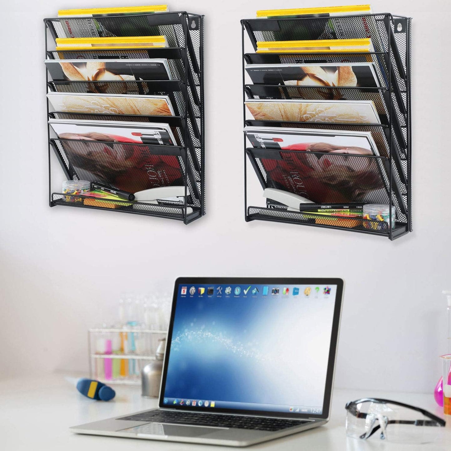 samstar 2 Pack Wall File Organizer, 6-Tier Wall Mount Paper Holder Vertical File Rack for Office Home, Black.