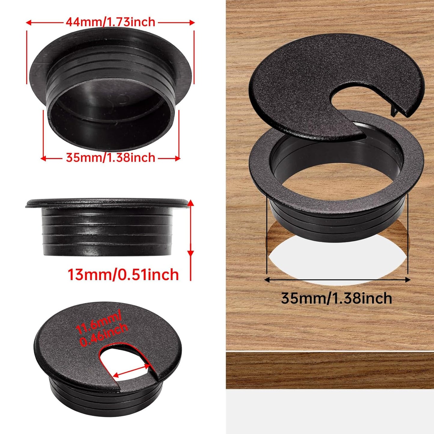Desk Grommet 1-3/8inch(35mm)10 Pcs, Desk Hole Grommet, Cable Grommet, Desk Hole Cover, Desk Cord Hole Cover, Desk Cable Hole Cover, Desk Wire Hole Insert, Furniture Hole Cover(Black Grommets)