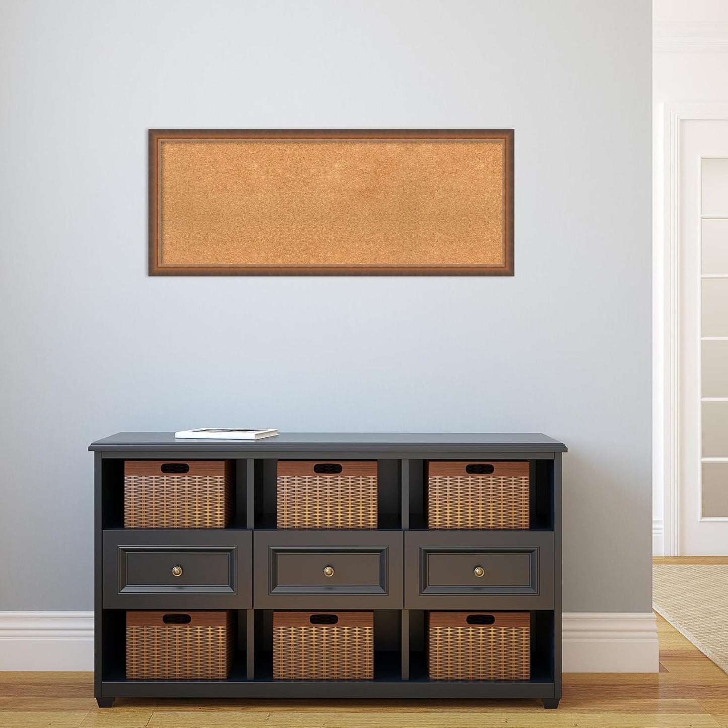 Amanti Art Natural Cork Board for Wall, 16x40 Vision Board with Bronze Frame, Medium Corkboard Office Decor for Home Organization, Modern Corkboard Pinboard to Display Items for Home Organization in