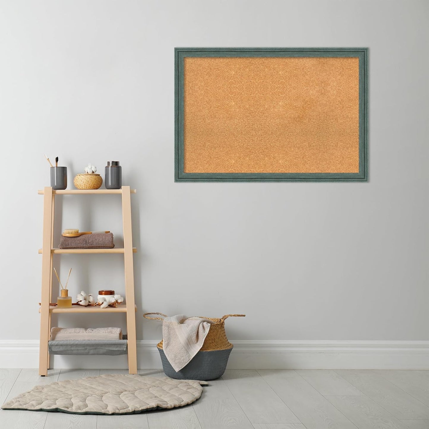 Amanti Art Natural Cork Board for Wall, 27x39 Vision Board with Blue Wood Frame, Large Corkboard Office Decor for Home Organization, Rustic Farmhouse Corkboard Pinboard to display items for home