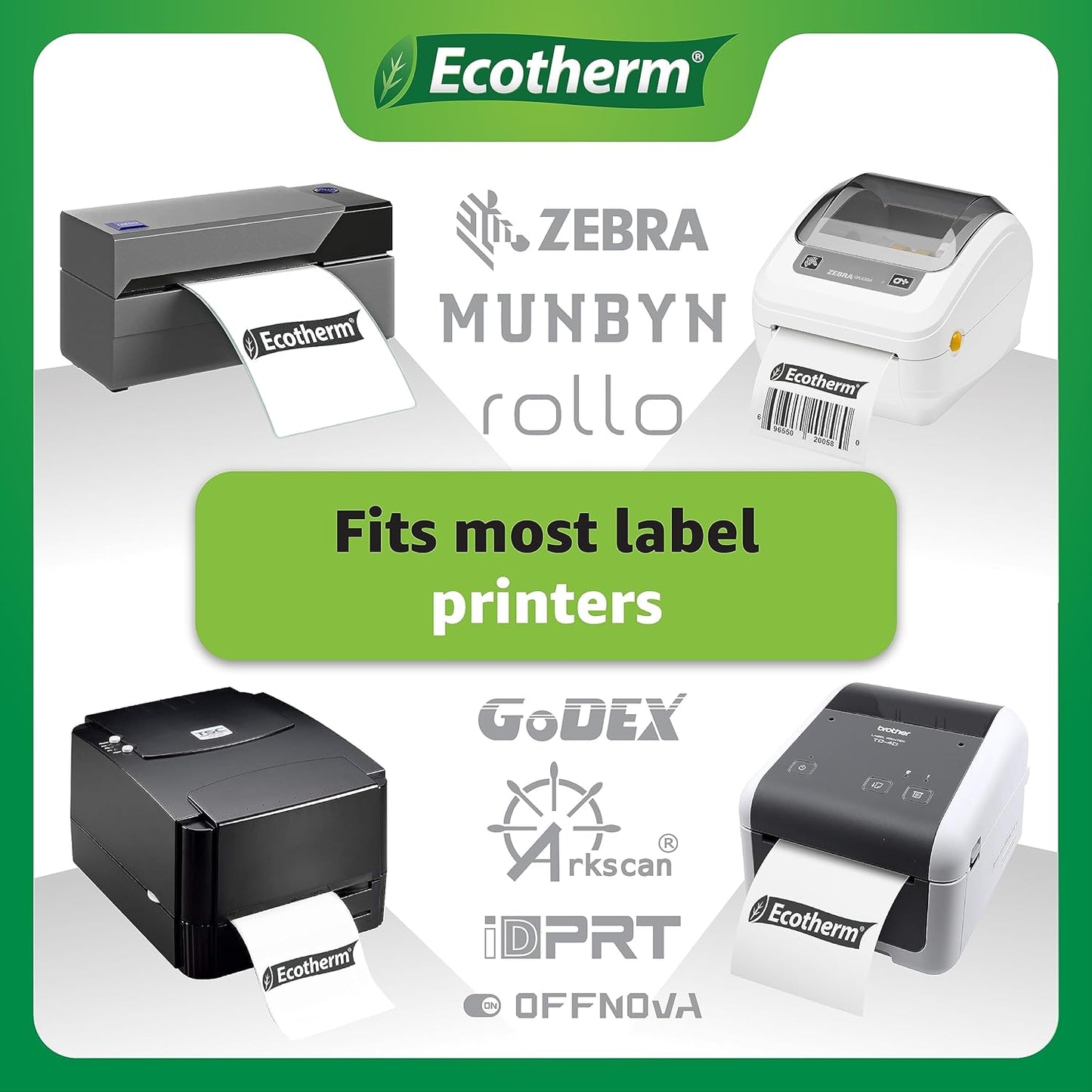 2.25" x 1.25" Thermal Labels | 6 Rolls | 12600 Labels | fits Zebra, Munbyn, Rollo, Godex, Arkscan, iDPRT, Offnova Thermal Label Printers and More | Blank White Adhesive Stickers by Ecotherm