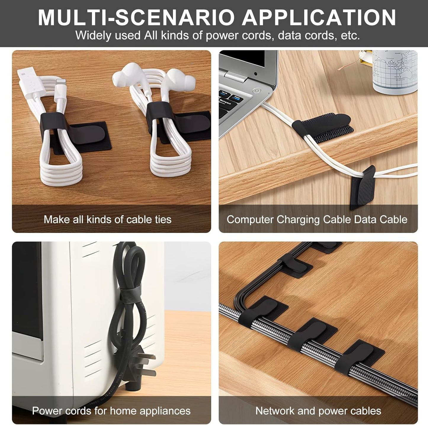 50-Pack Reusable Self-Adhesive Cable Ties Cable Management Adjustable Hook & Loop Straps for Organizing Data Cables, Wires, Headphones Under-Table Cord Management for Home, Office