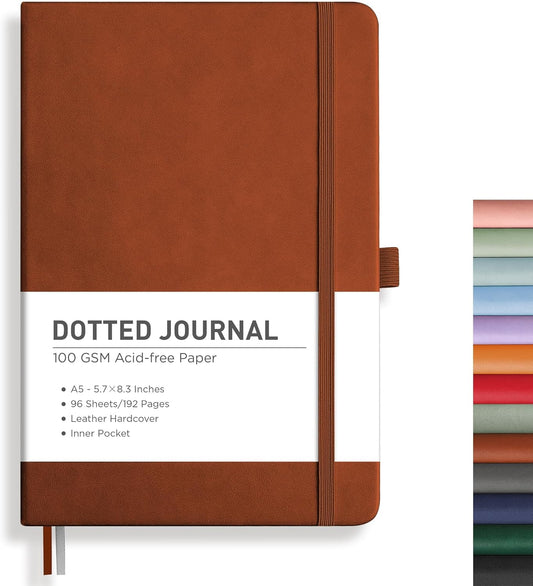 RETTACY Bullet Dotted Journal Notebook, 192 Pages, A5 Medium Size (5.7'' x 8.3''), Leather Hardcover, 100 GSM Thick Paper, for Bullet Journaling, Planning, Tracking (Brown)