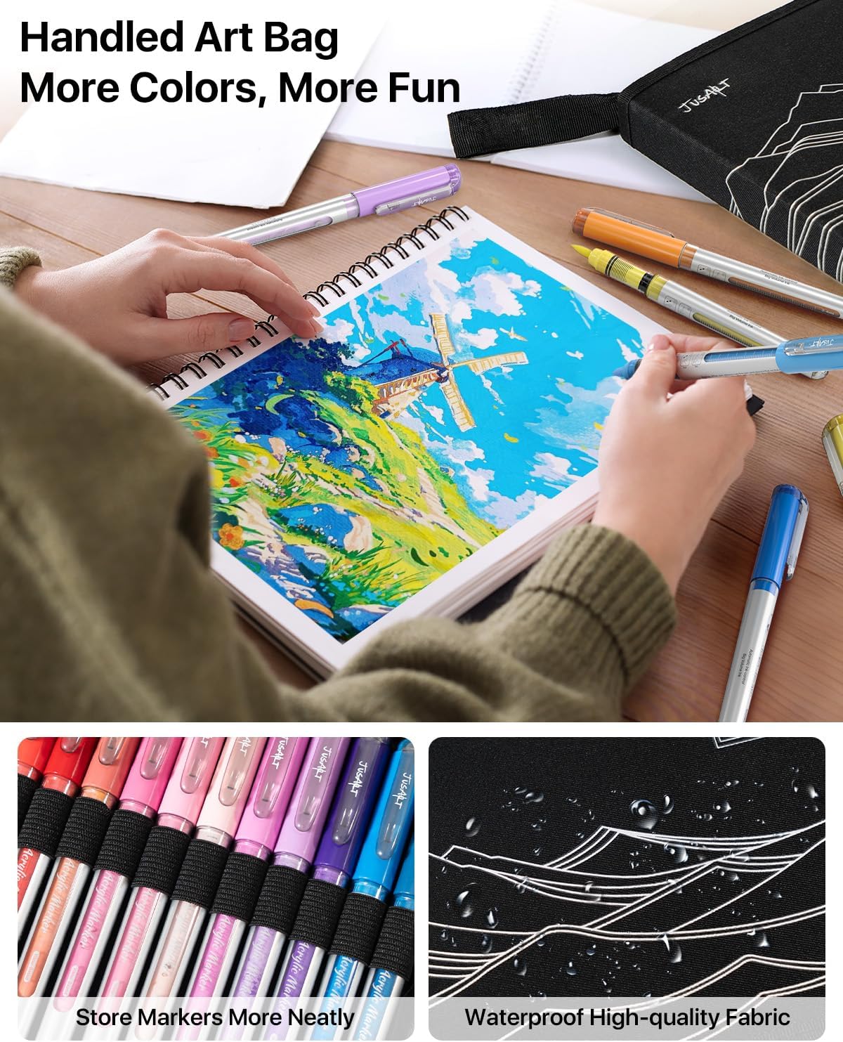 JusArt 36 Colors Acrylic Paint Markers with Canvas Bag, School Water-Based No-Bleed Paint Pens with Automatic Ink Control, Waterproof Brush Tip Markers for Rock, Egg, Wood, Fabric, Glass, DIY Crafts